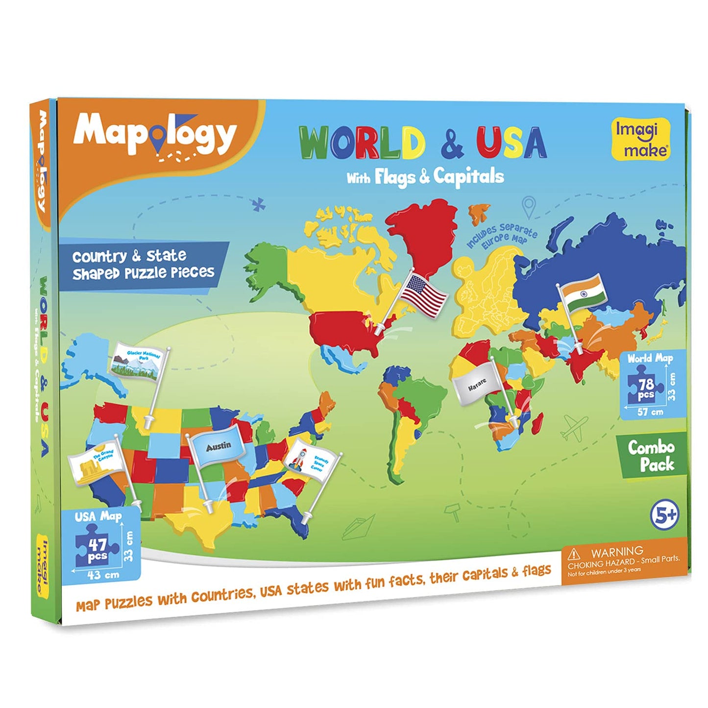 Imagimake Mapology Usa & World Map Puzzle With Flags, Capitals, Stickers | Educational Toys For Ages 5-7 | Jigsaw Puzzles For Kids Ages 8-10 | Geography Toys For Ages 8-13 | 6 Year Old Boy/Girl Gifts