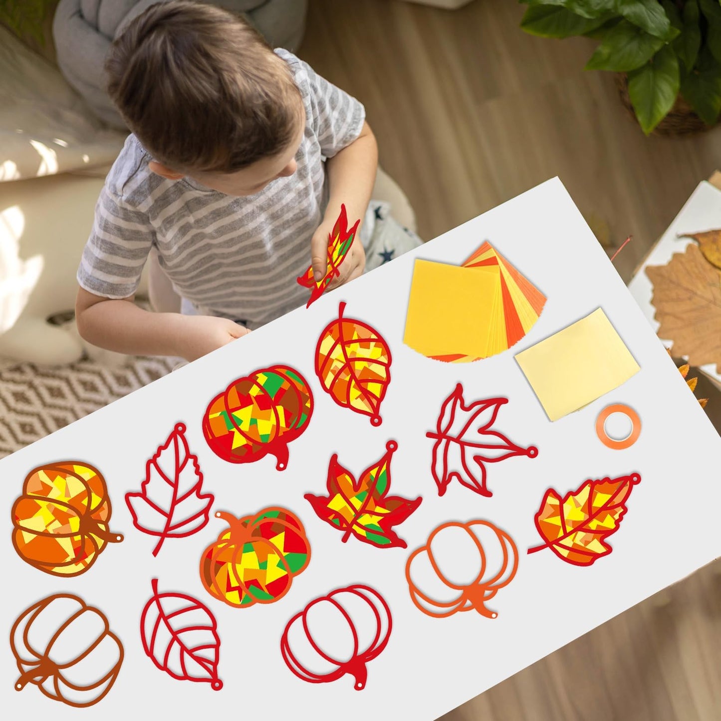 Qyeahkj 36 Set Fall Suncatchers Crafts for Kids DIY Autumn Window Tissue Paper Crafts Kit Maple Leaves Pumpkin Hanging Decor for