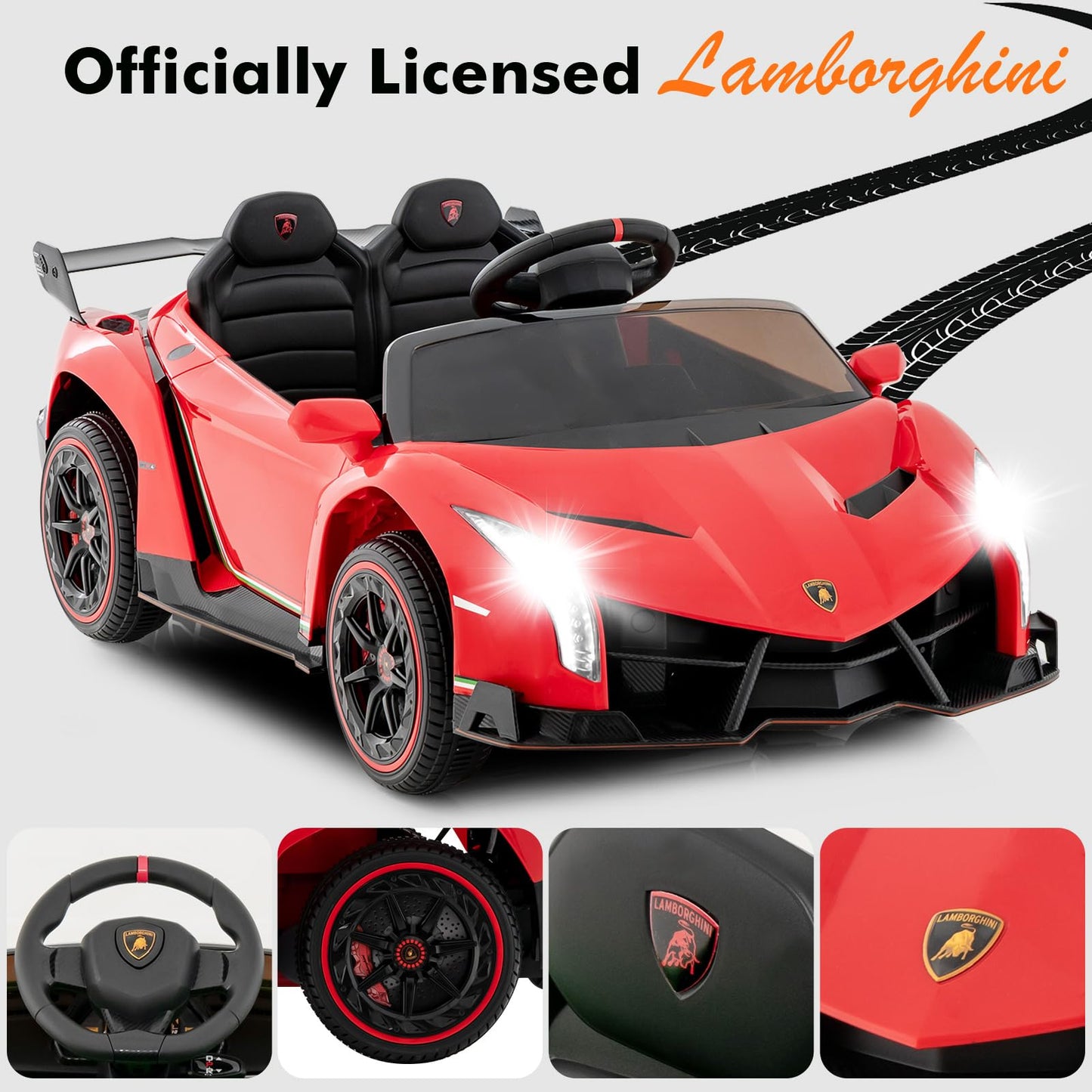 INFANS 2 Seater Kids Ride on Car, 12V 4WD Licensed Lamborghini Veneno Powered Electric Vehicle with Hydraulic Doors, Rocking Mod