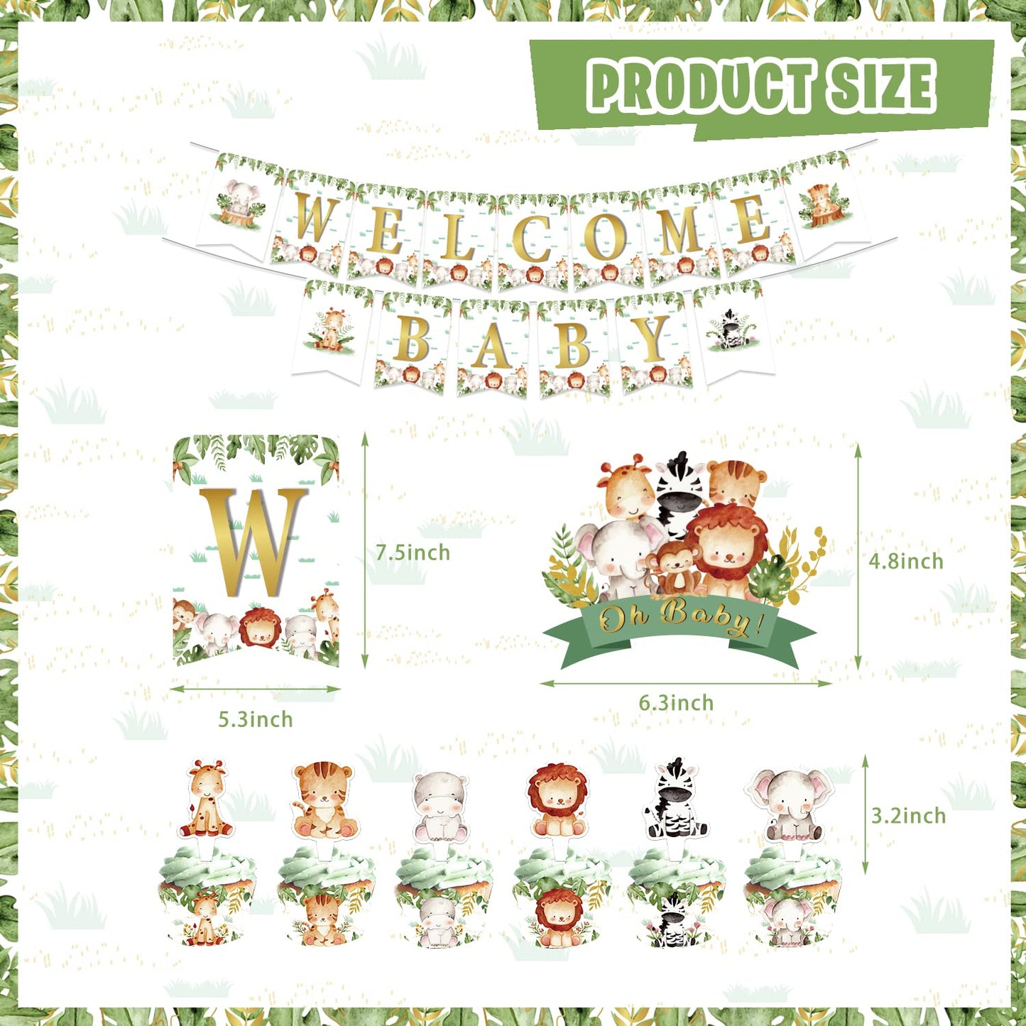 Safari Jungle Baby Shower Decorations, Jungle Animal Party Supplies Decor For Boy Girl Showers Birthdays With Banners Cake Toppe