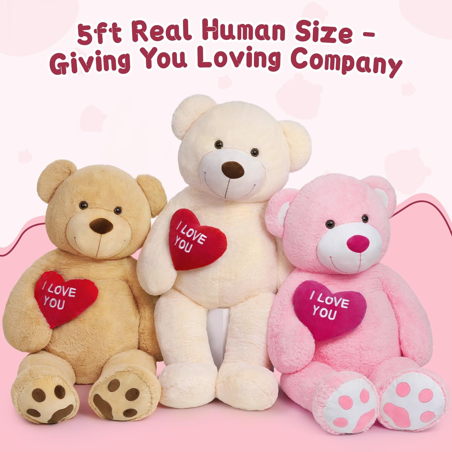 Maogolan Giant Teddy Bear 5Ft- I Love You Red Heart Big Pink Teddy Bear Stuffed Animal - Jumbo Valentines Teddy Bear For Girlfriend,Boyfriend,Wife,Lover - Anniversary, Birthday