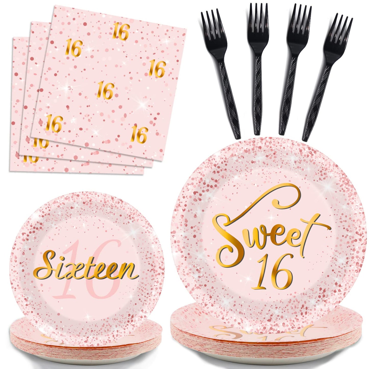 96 Pcs Rose Gold Sweet 16 Birthday Party Plates And Napkins Party Supplies Sixteen Birthday Party Tableware Set 16Th Party Decor