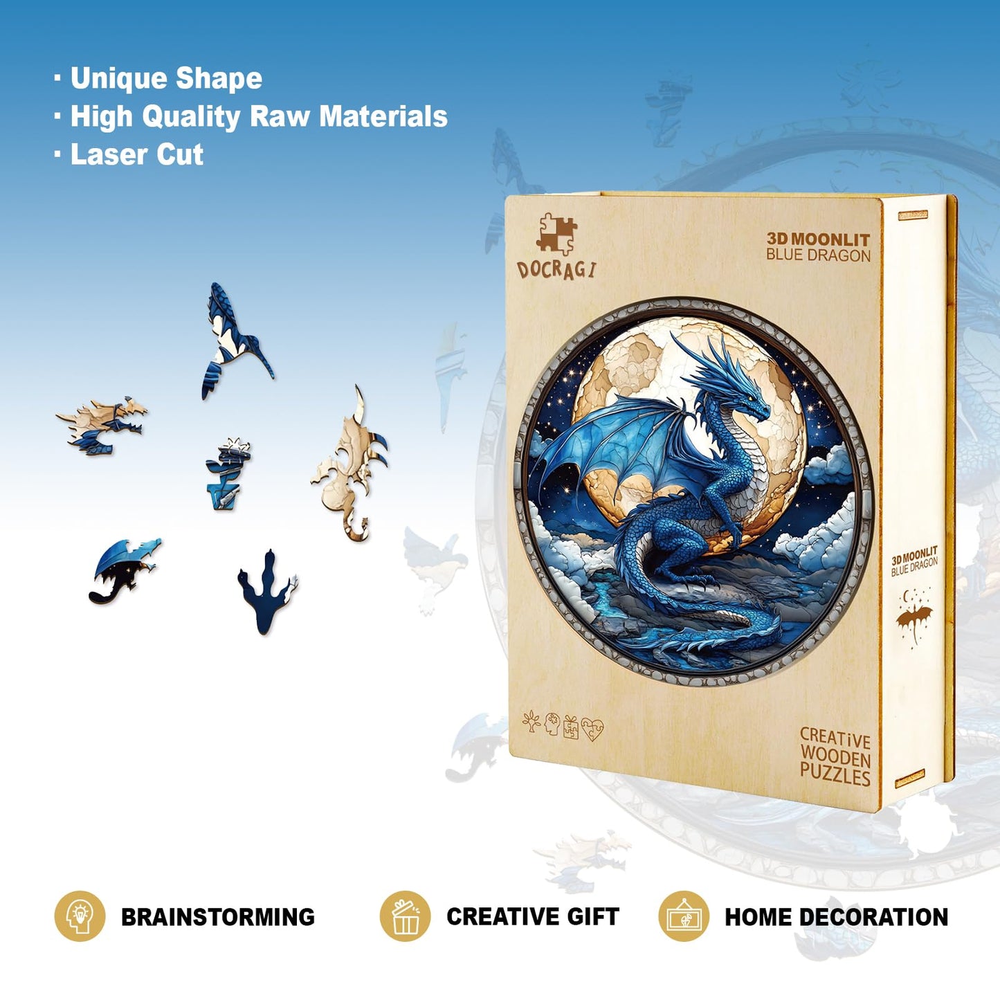 Wooden Dragon Puzzles - Unique Shaped Wooden Jigsaw Puzzles for Adults - 3D Moonlit Blue Dragon Wooden Puzzles - Animal Wooden P