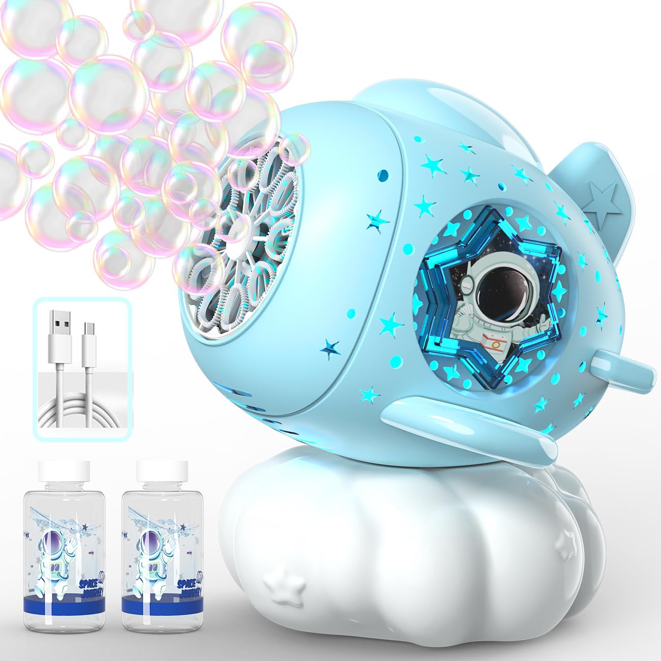 Rechargeable Bubble Machine With Led Light - Make Large Bubbles - 600Ml Automatic Cloud Airplane Bubble Maker For Kids - Party B