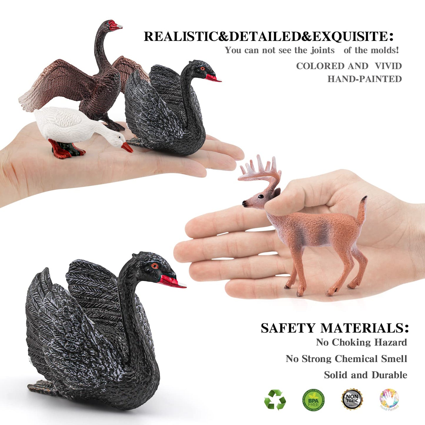 LC JoyCre 4PCS Black Swan Figurine Swan Toy Deer Figurine Animal Figure for Toddlers Preschool Animals Figures Eduactional Proje