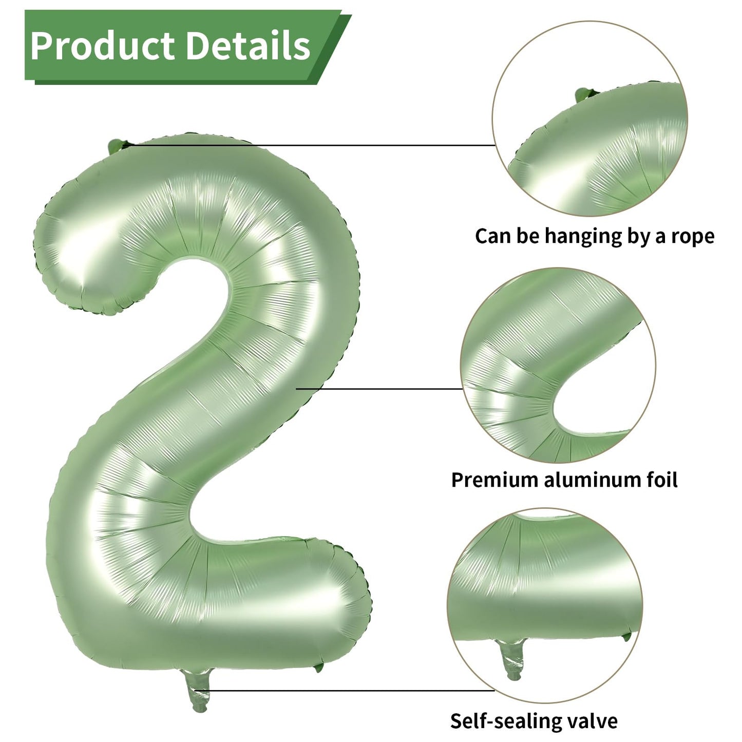 Biapian 40 Inch Sage Green Number 2 Balloons, Large 2Nd Birthday Balloons With 18'' Foil Cream Brown Heart Balloon For 2Nd Year