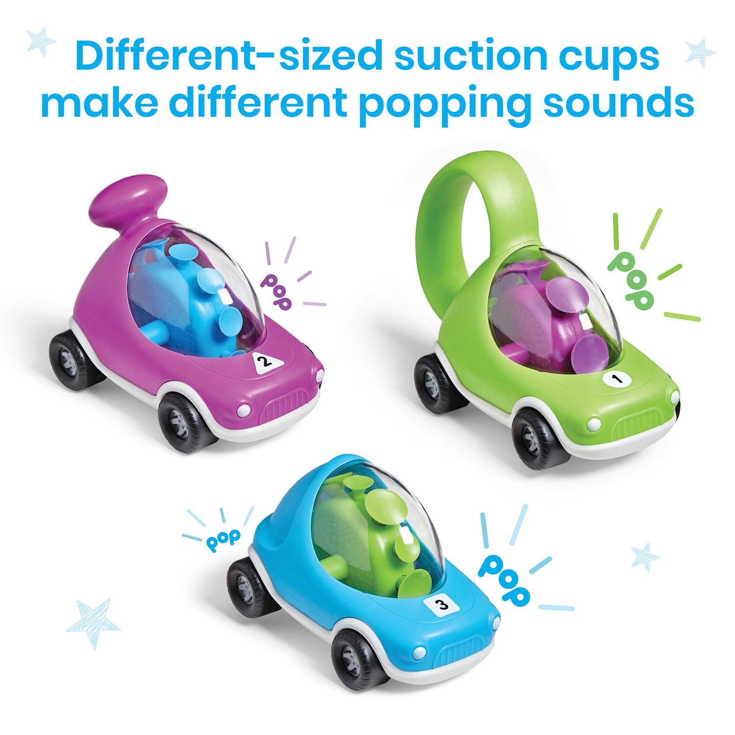 Hand2Mind Popping Fidget Cars - Suction Cup Toys for Fine Motor Skills & Anxiety Relief, Set of 3, Multiple Colors, for Toddlers & Preschoolers