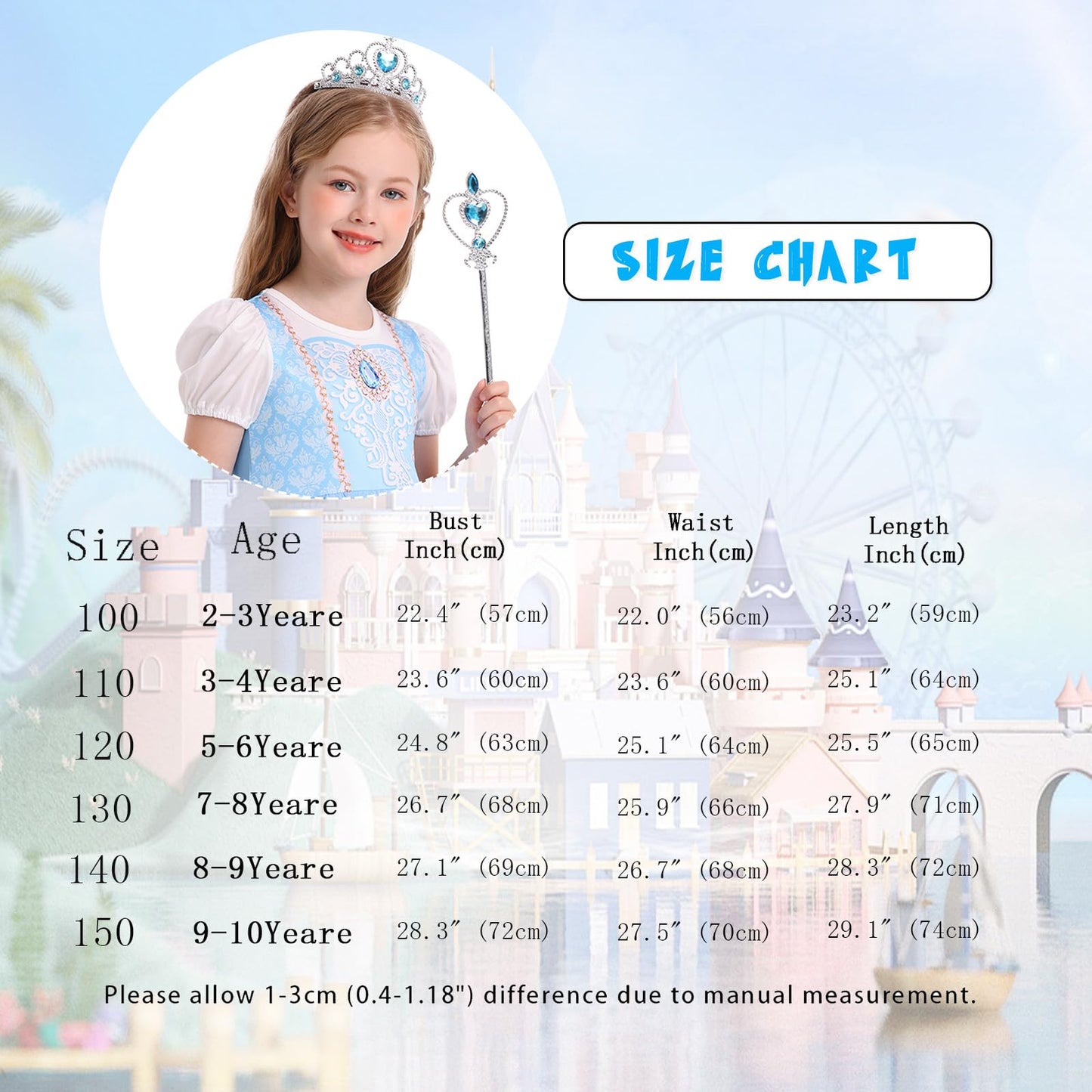 Benylion Princess Dress for Girls Kids Blue Princess Dress Halloween Cosplay Party Outfits Cinderella Dresses for Girls Birthday