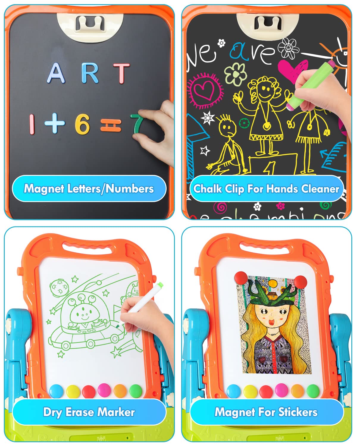Lehoo Castle Easel For Kids, 4 In 1 Double Sided Kids Art Easel With Magnetic White Board & Chalk Board, Adjustable Standing Toddler Easel With Drawing & Writing Accessories - Gift For Boys And Girls