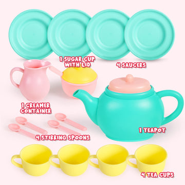 JOYIN 18PCS Pretend Play Tea Party Set Play Food Accessories BPA Free, Phthalates Free, Plastic Tea Set, Mini Kitchen for Kids,