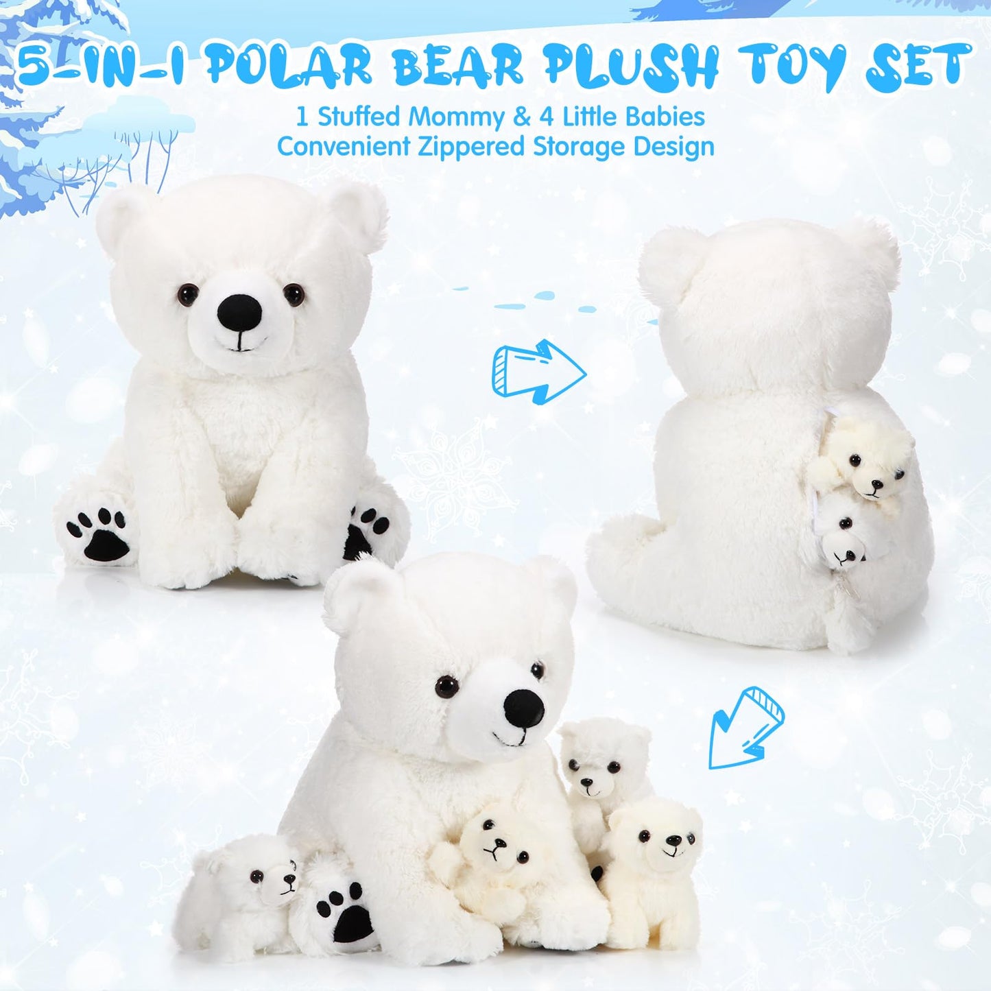 Leitee 5 Pcs Polar Bear Plush Set Large Mommy Polar Bear Stuffed Animal With 4 Cuddly Baby Plushies In Belly For Boys Girls Birthday Winter Holiday Decor Gifts(Sitting)