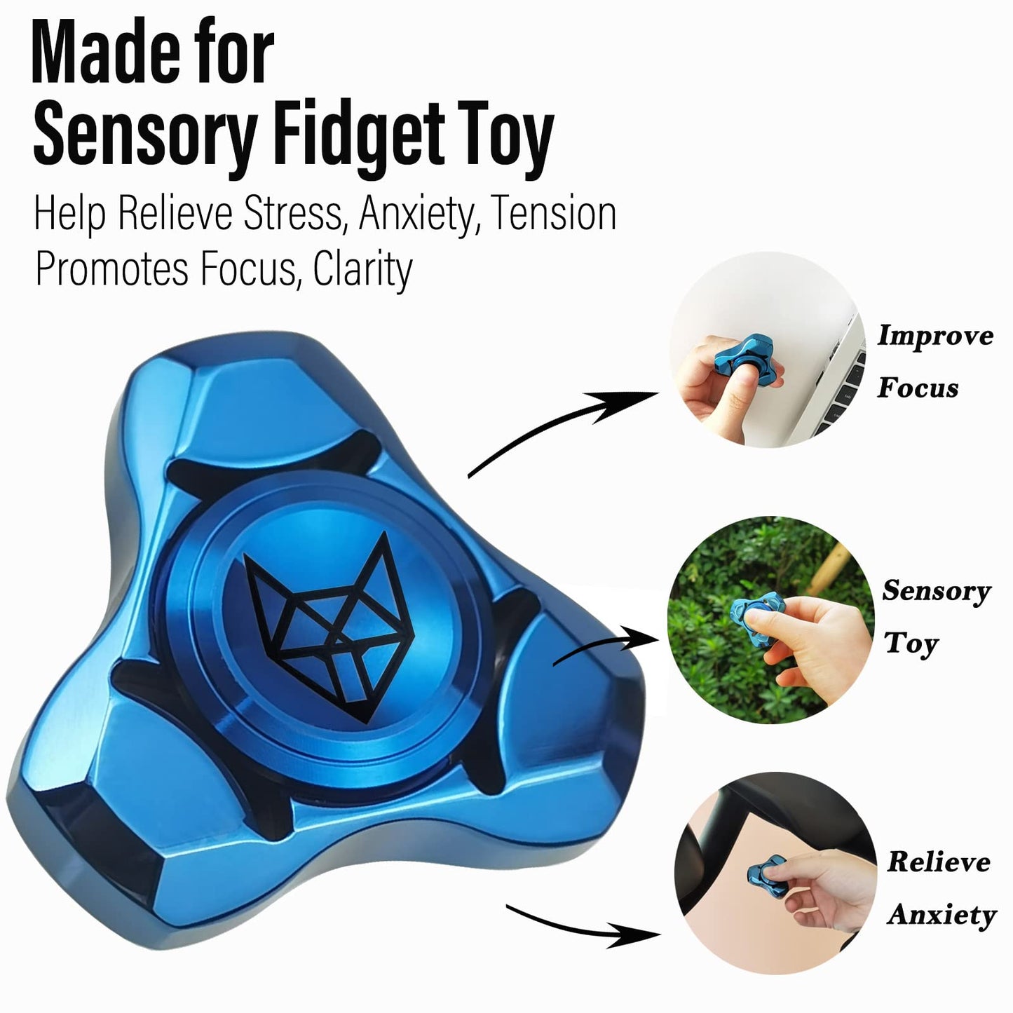 FREELOVE Stainless Steel Fidget Spinner - Heavy Mini Fox Spin Toy, Quiet Bearing, Mirror Blue, 1.5 inches - Anxiety Relief for Adults
