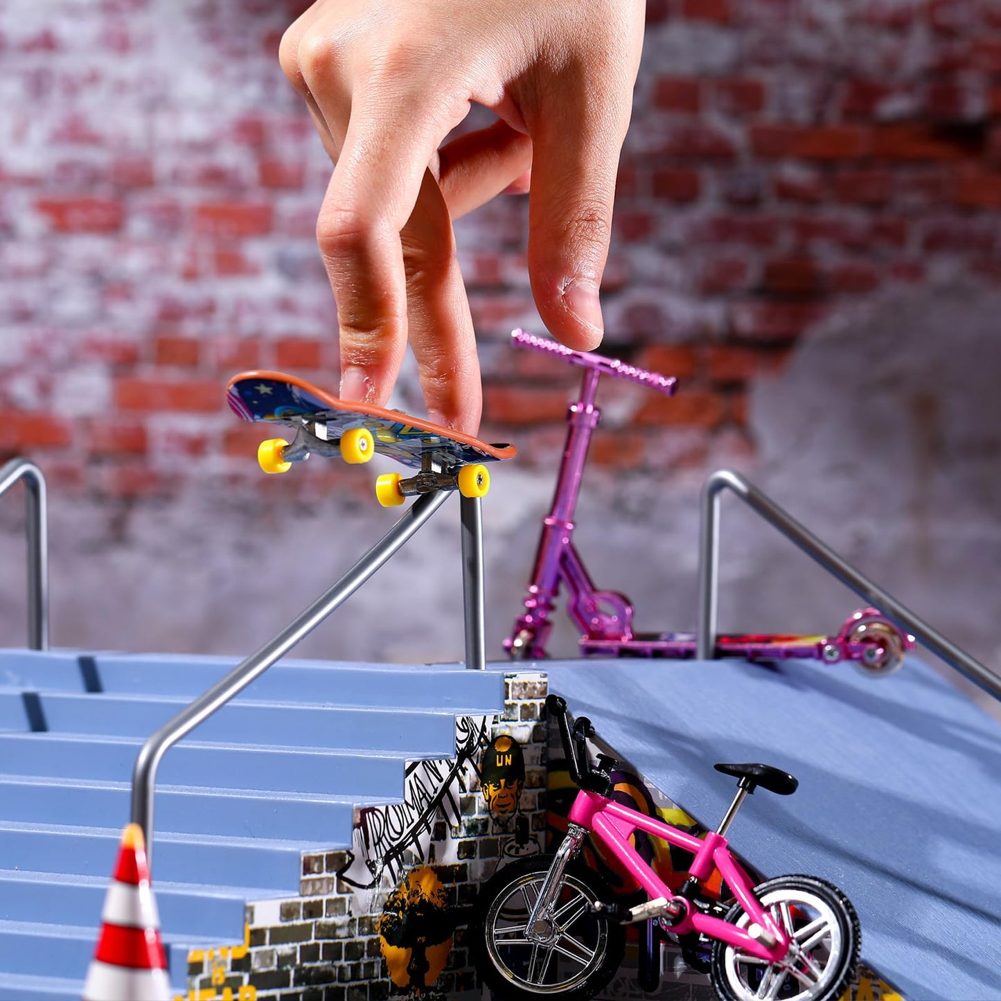 Skylety 31 Pieces Mini Finger Toys Set For Boy Girl Includes 6 Finger Skateboards, 4 Finger Bikes, 2 Mini Scooters 4 Swing Board 8 Matched Wheels 7 Tool Accessories Educational Toy Party Favor(Fun)