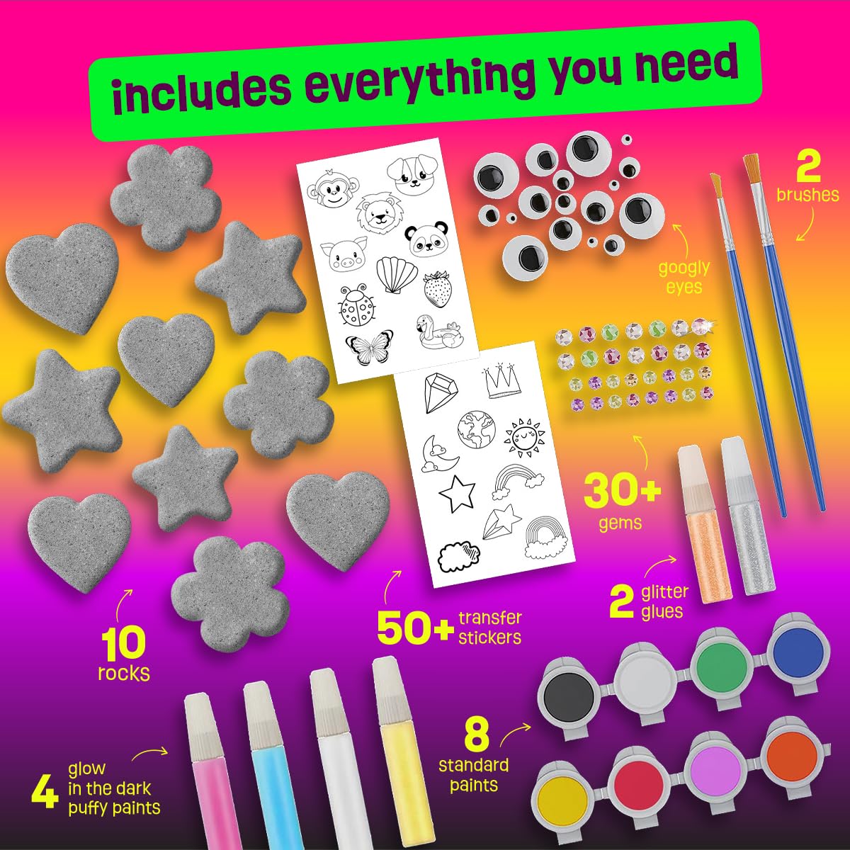 Heart, Flower & Star Shaped Rocks - Glow in The Dark Rock Painting Kit for Kids - Arts & Crafts Toys for Kids Ages 6-12 - Valent