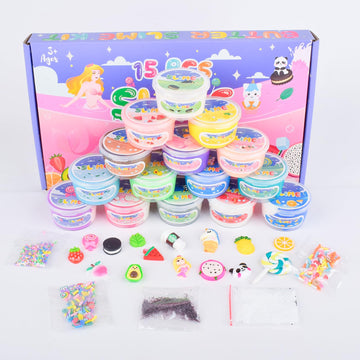 15 Pack Butter Slime Kit with Fruits Charms, Birthday Gift, Slime Party Favors for Girls and Boys, Super Soft & Non-Sticky, Scen