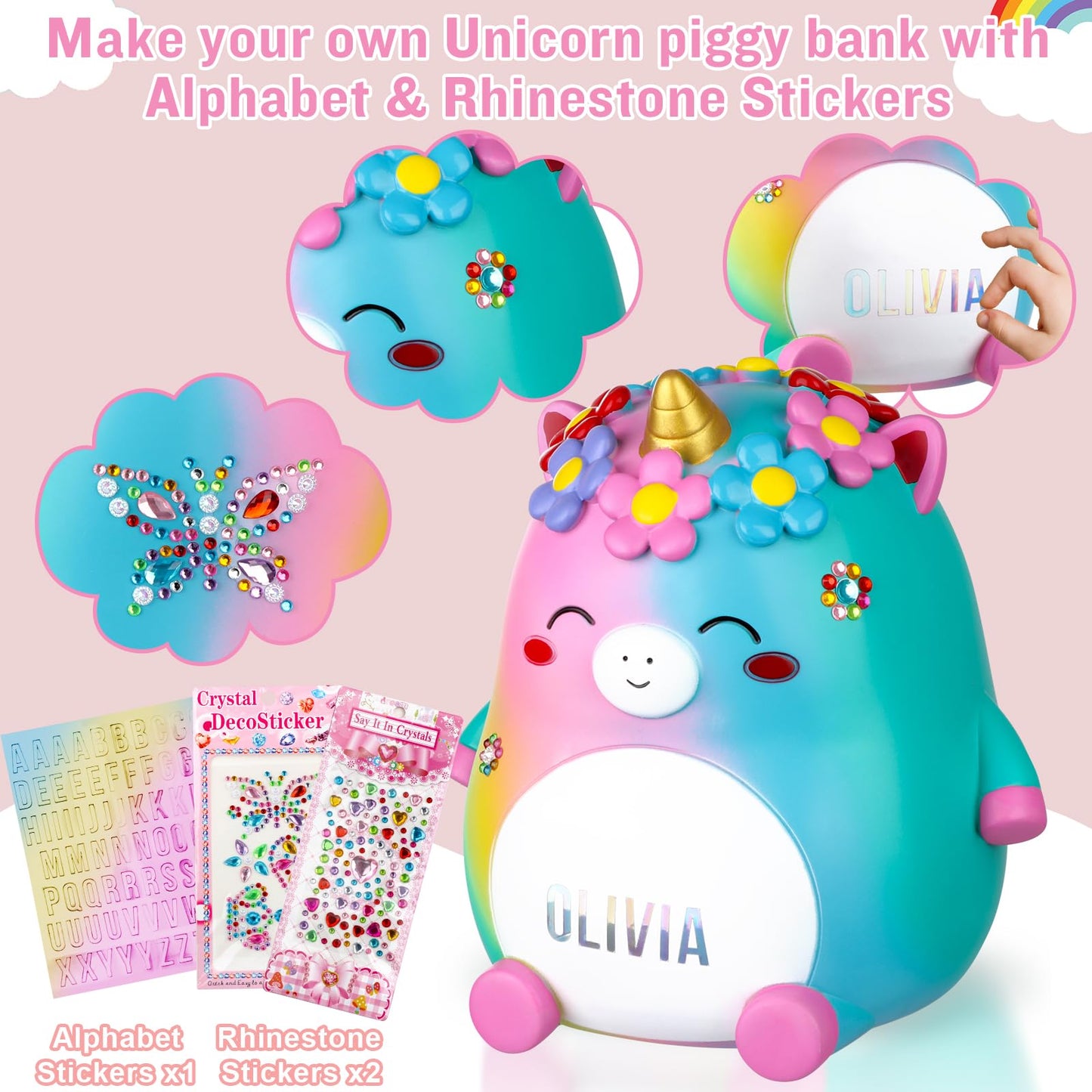 Veewyree Unicorn Piggy Bank Girls - Cute Rainbow Kids Piggy Bank For Girls, Personalized Unbreakable Resin Coin Money Bank For K