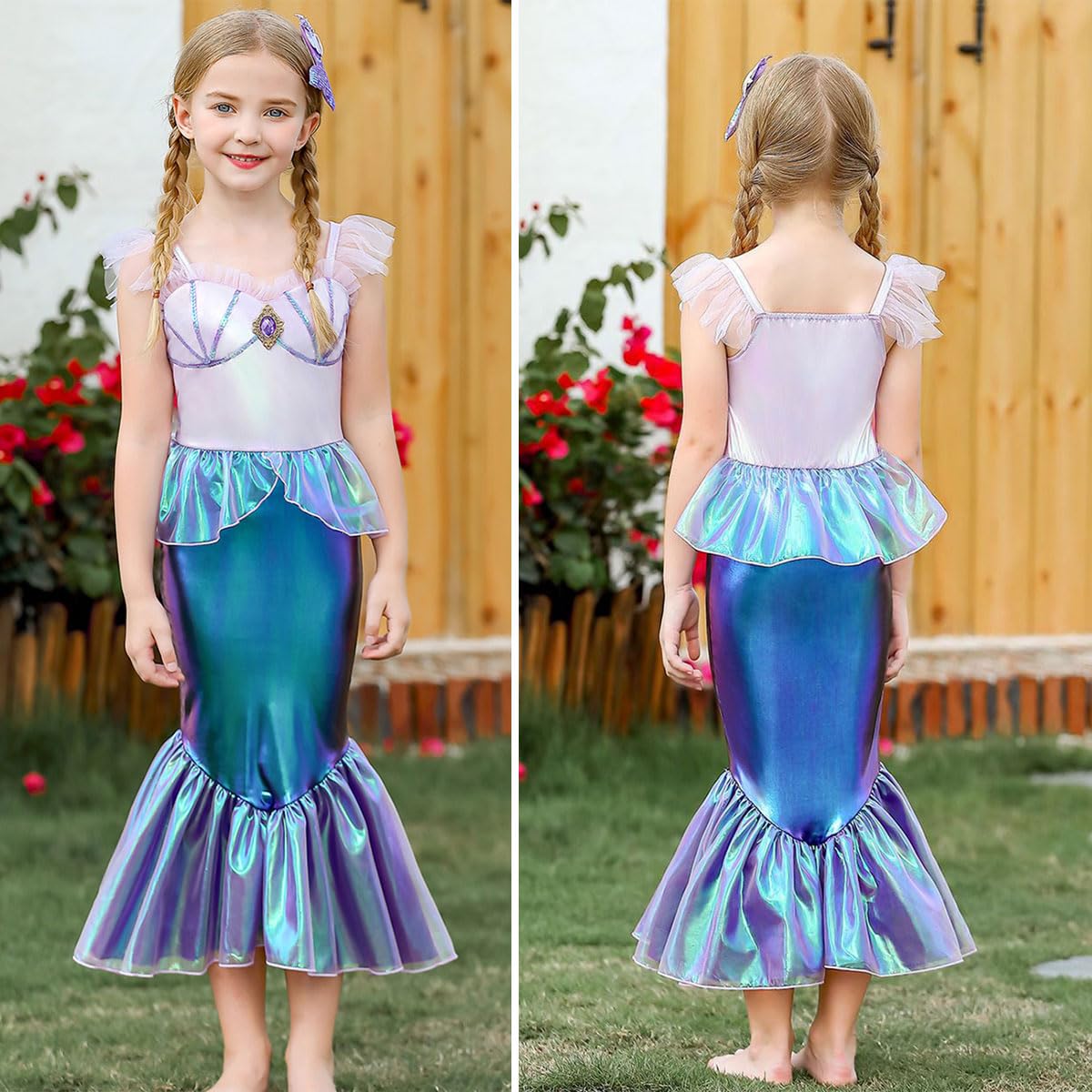Itvti Little Girls Mermaid Costume Princess Dress Up Ariel Outfits With Accessories Wig Birthday Party Halloween Cosplay, Pink, 3-4 Years(Tag 110)
