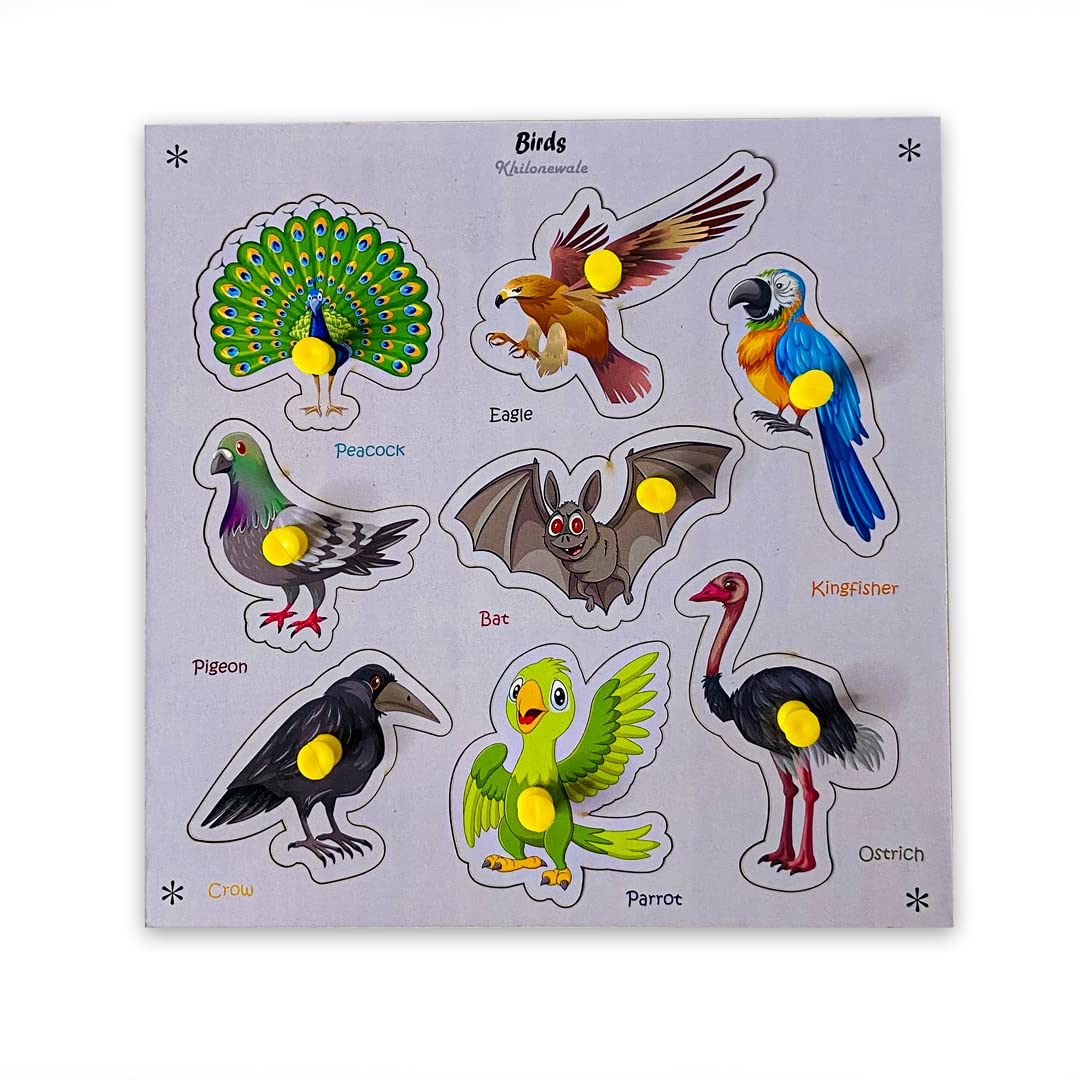 Khilonewale Kids Multicolor Wooden Birds Puzzles for Kids Knob Puzzle Set, Educational Learning Board Toy for Children (20cm