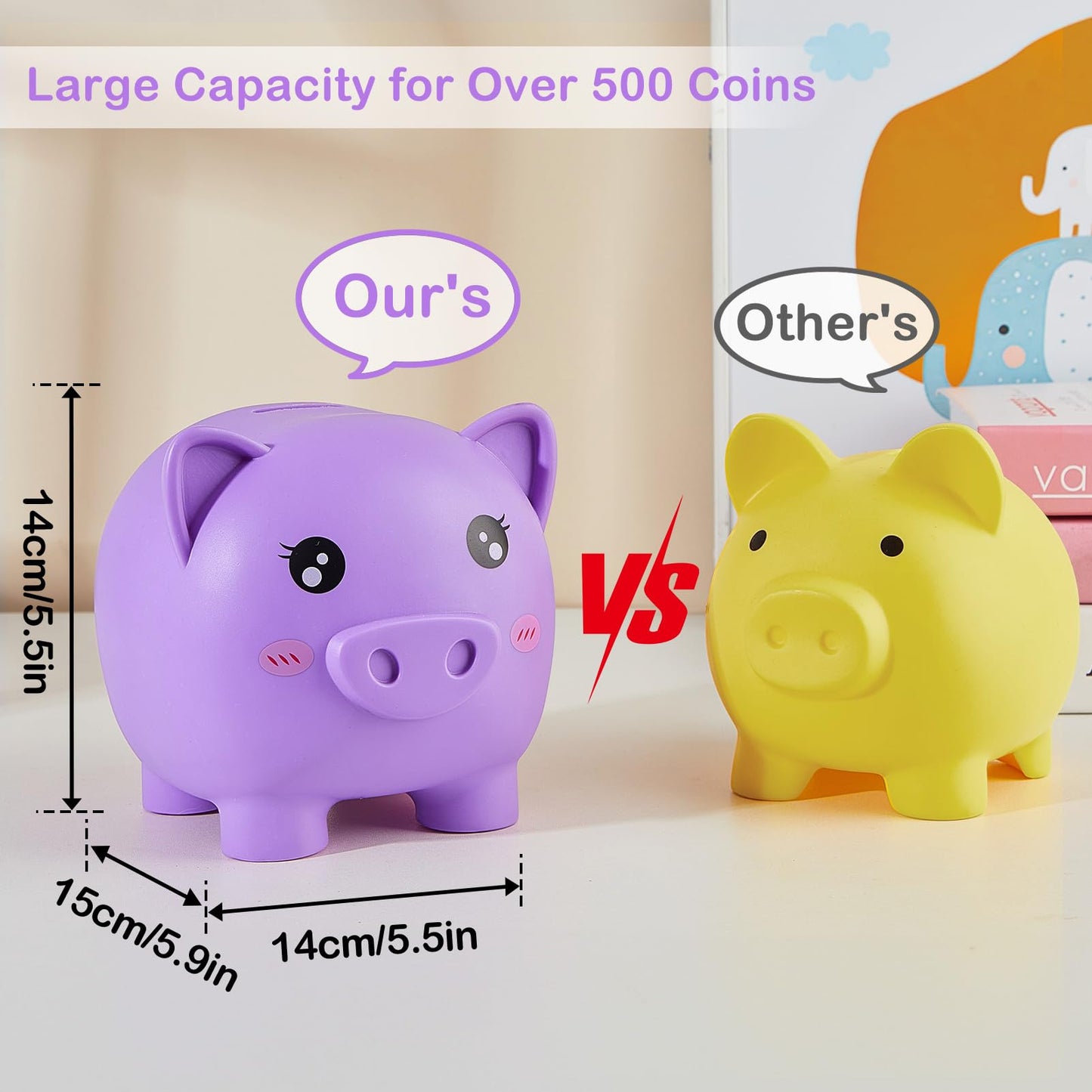 Piggy Bank Girls, Unbreakable Piggy Banks Large Money Coin Bank For Kids With Diy Stickers, For Birthday, Easter, Baby Shower, Purple