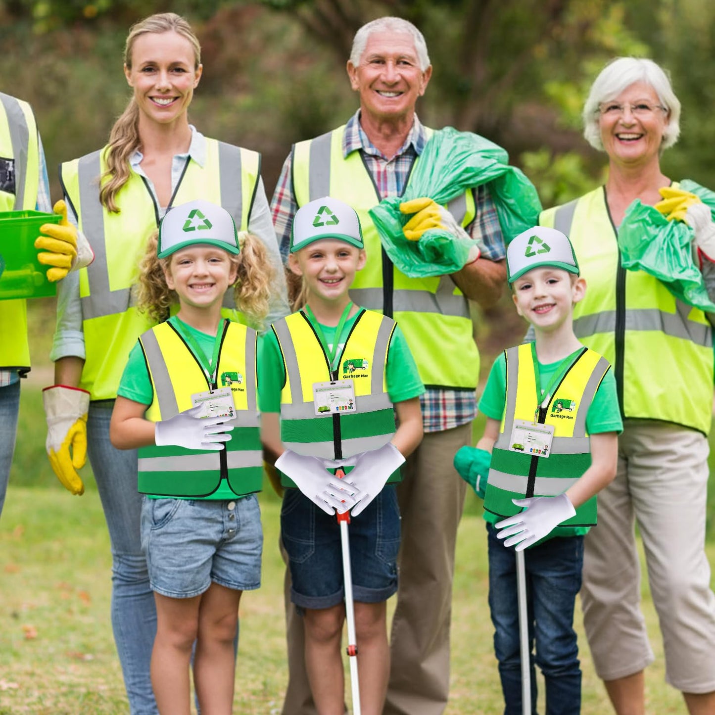 Yewong Kids Green Garbage Truck Costume Set - Recycle Vest, Hat, Gloves & ID Card for Career Day - Size Kid