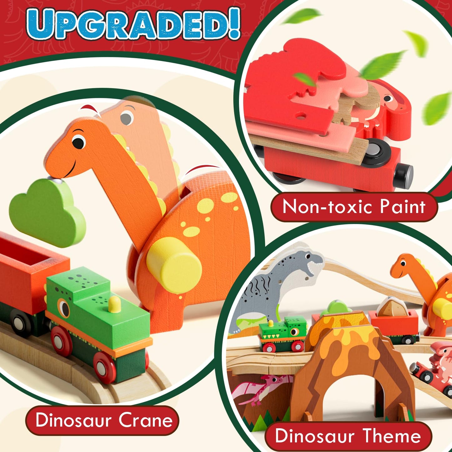 Lehoo Castle Dinosaur Wooden Train Set, Natural Wood, Fits Thomas & Brio, Ideal for Toddlers 2-5, Model WTT-001