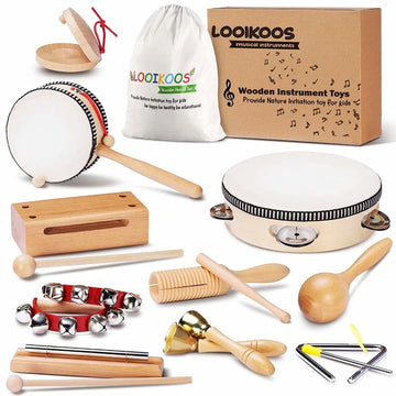LOOIKOOS Wooden Musical Instruments Set for Toddlers 1-3, Natural Color, Montessori Educational Toys, Model ES-HLJS-0326-778