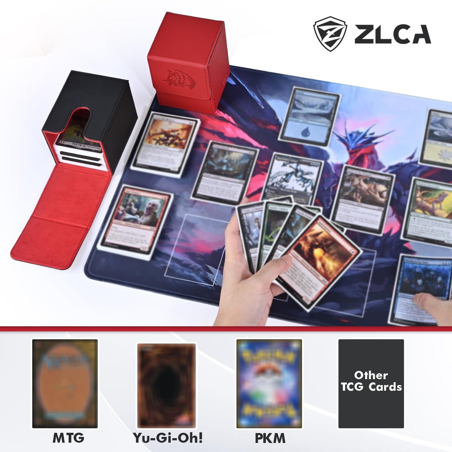 Zlca Card Deck Box For Trading Cards With 2 Dividers, Card Storage Box Fits 100+ Single Sleeved Cards, Pu Leather Strong Magnet Card Deck Case Holder For Magic Commander Tcg Ccg (Red,Emperor Dragon)