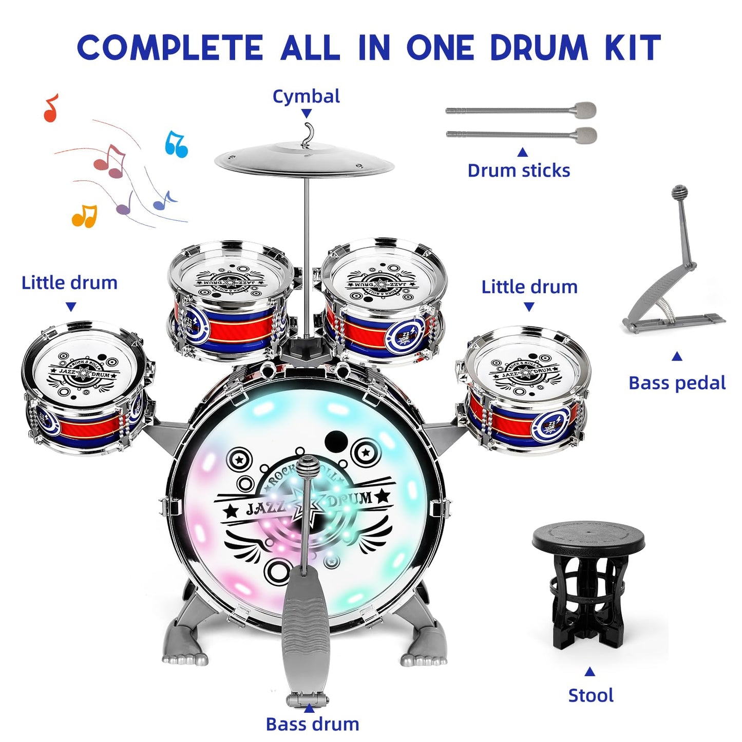 M Sanmersen Toddler Drum Kit For Ages 1-3 | 5-Piece Kids Drum Set With Stool & Cymbal | Compact Musical Instruments Toys Birthday Gift For 1- 3 Year Beginners Olds Boys Girls (Blue, With Led Light)