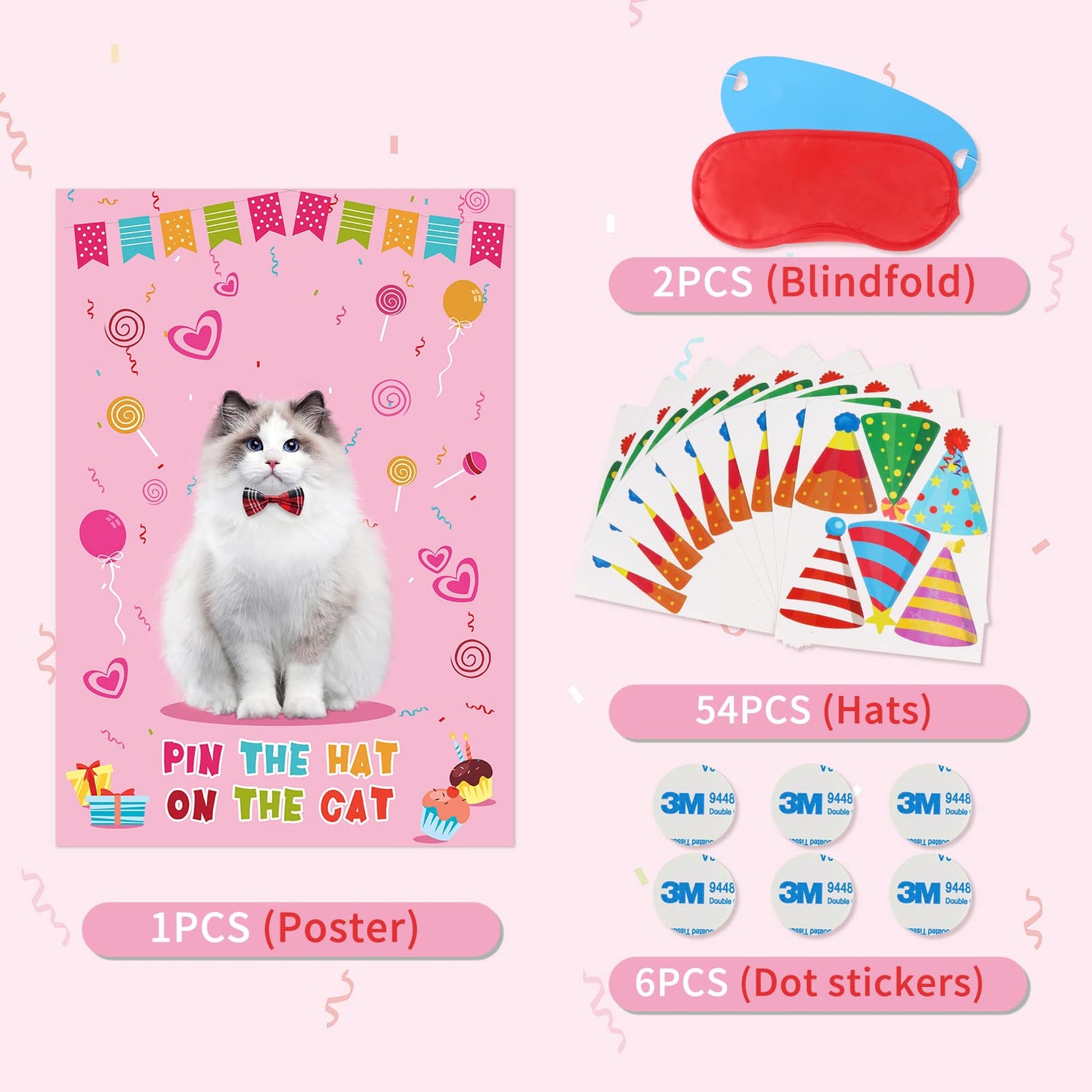 Hooqict Pin The Hat On The Cat Party Game - Large Multicolor Paper Birthday Supplies for Kids - Includes 54 Hat Stickers