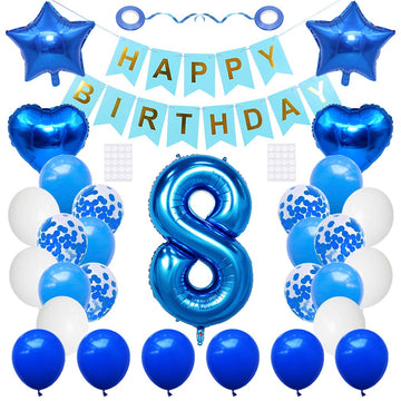 Huture 8 Birthday Party Supplies Blue Number 8 Foil Balloon Happy Birthday Banner Kit 8Th Birthday Decoration White Blue Latex C