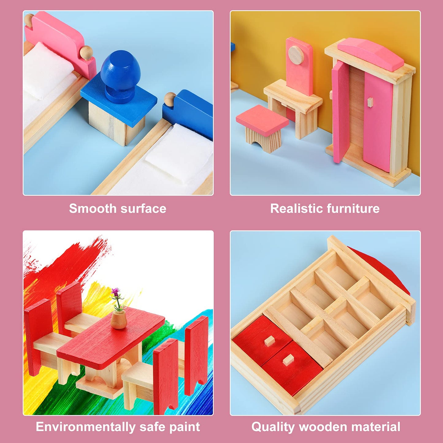 Sumind 35 Pcs Wooden Doll House Furniture And Accessories Set With 27 Pcs Dollhouse Furniture 8 Pcs Doll House Family Figures For Dollhouse Family Set