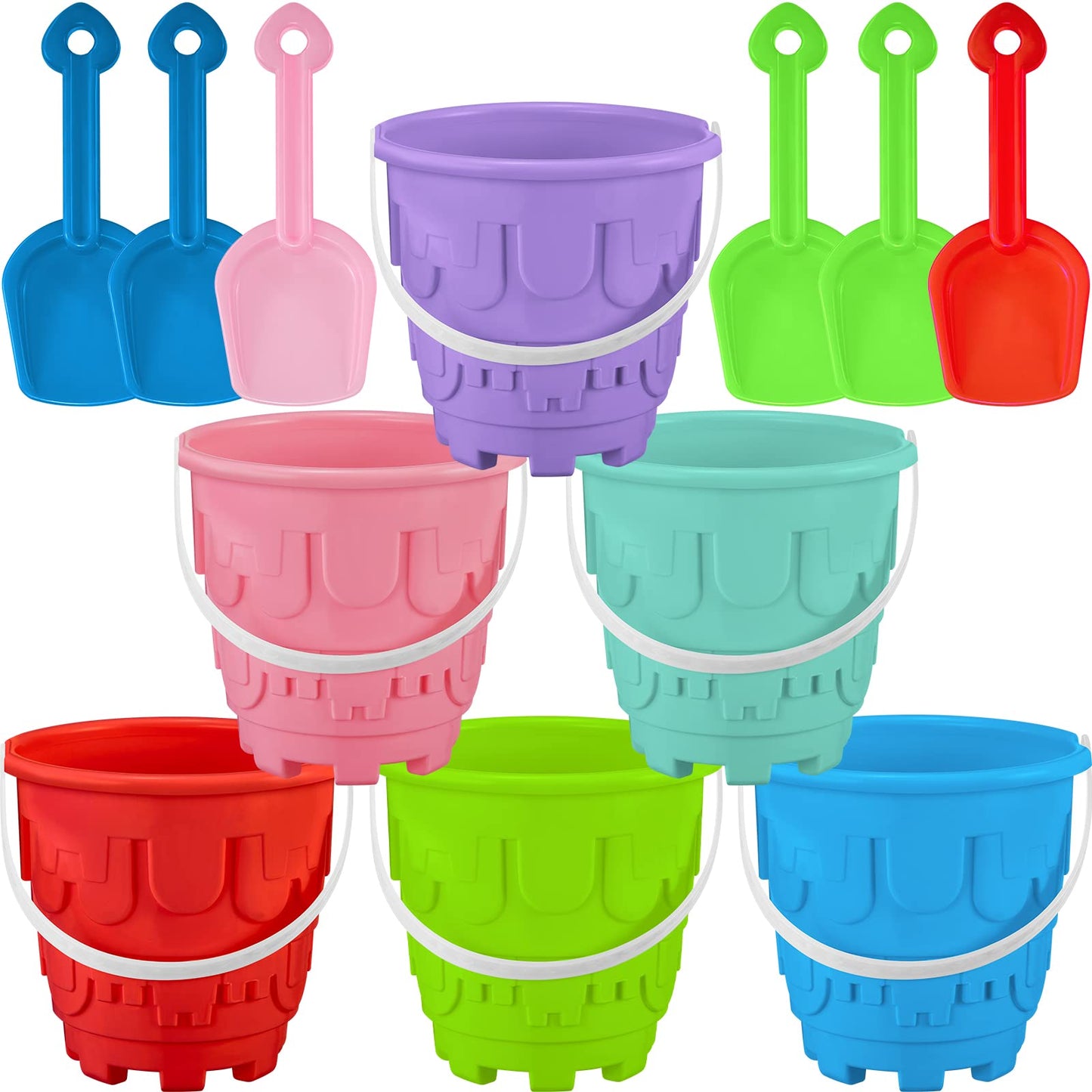 Chivao 6 Pack 7 Inch Beach Sand Buckets and Shovels Sets Castle Model Sand Buckets and Shovels Set Beach Pails Toys Use for Moul