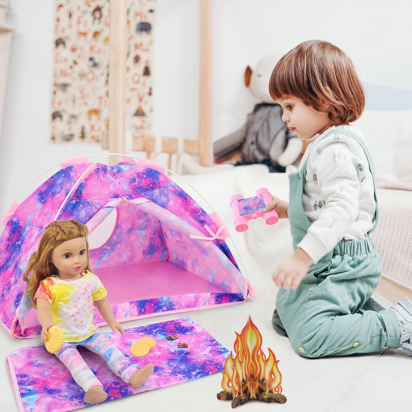 Ecore Fun 11 Items 18 Inch Girl Dolls Camping Tent Set And Accessories Including 18 Inch Doll Camping Tent Clothes Set Campfire Chocolate Biscuit Binoculars Etc