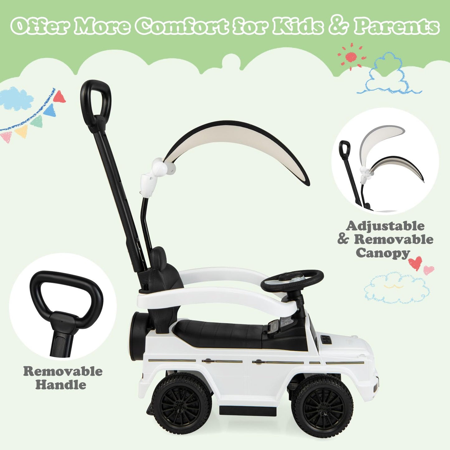 Nightcore Push Car, Ride On Car With Removable Canopy, Backrest, Anti-Tipping Design, Retractable Footrest, Engine Sound, Safe G