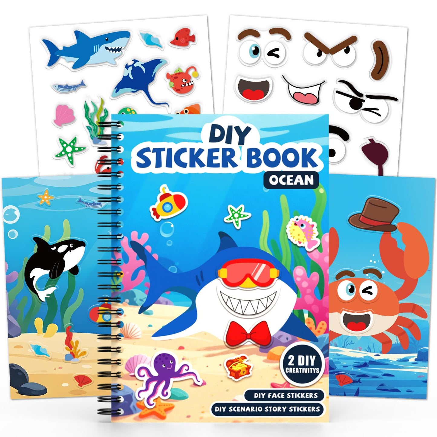 Ocean Reusable Sticker Book for Toddlers, DIY Make-a-face Animals Fun Jelly Stickers, Washable Puffy Stickers for Kids Toys, Air