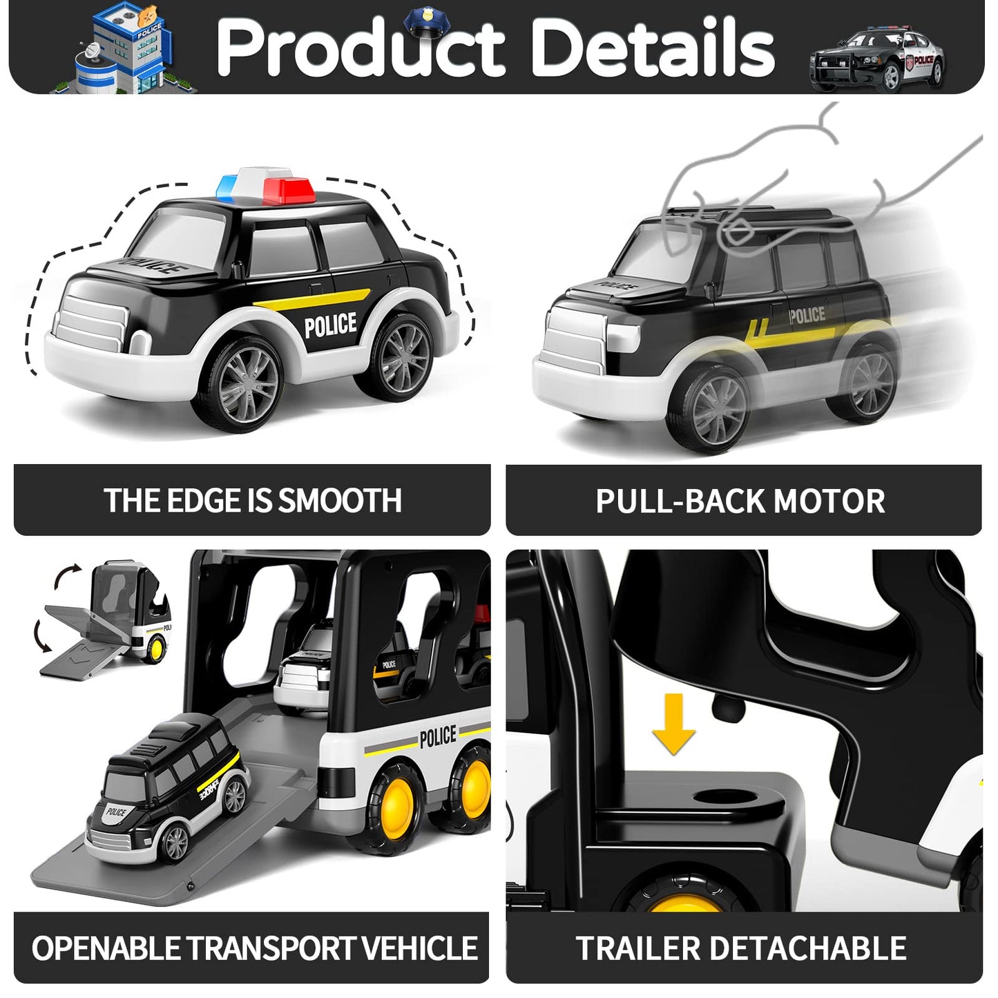 Doloowee Police Truck Toys Toddlers 3 4 5 6 Years Old, 7 In 1 Truck Friction Power Toy Car Christmas Birthday Gifts For Boys & G