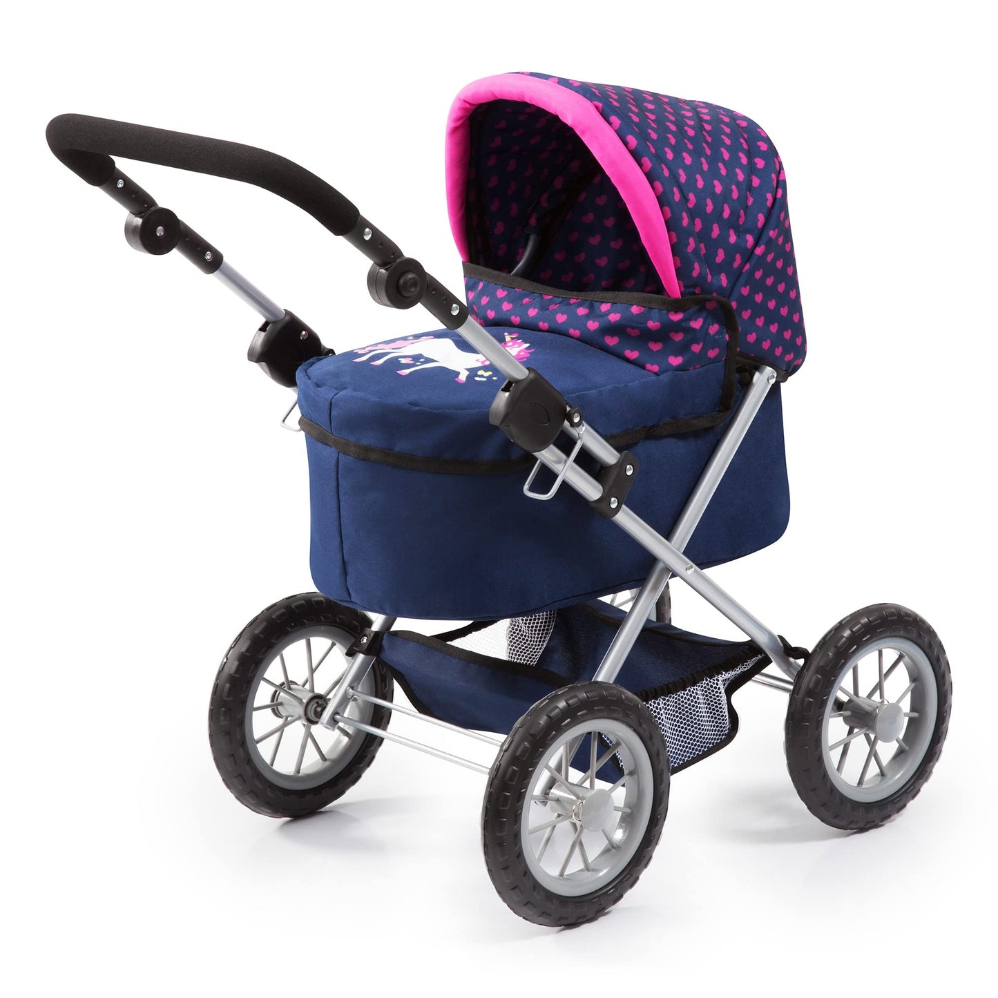 Bayer Design Dolls: Trendy Pram - Blue, Pink, Hearts - Includes Shoulder Bag, Fits Dolls Up to 18, Adjustable Handle, Kids Prete