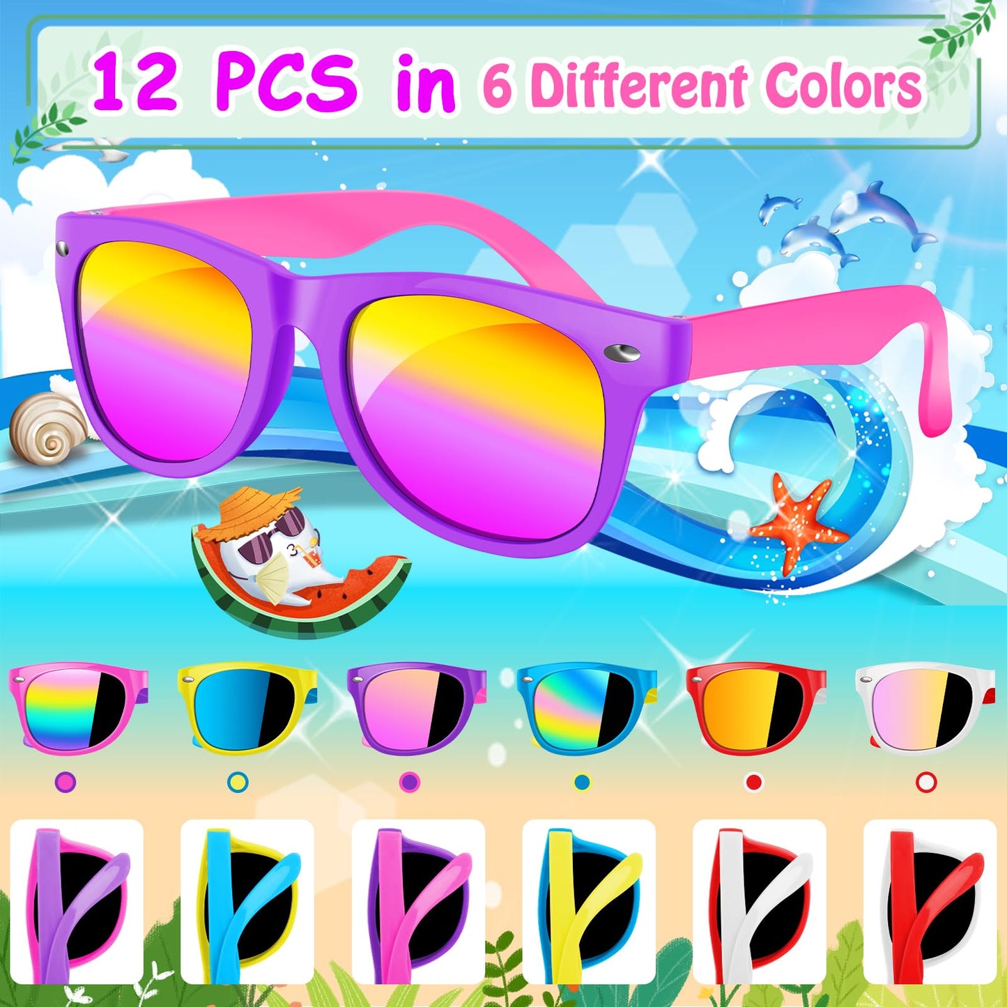 Kids Sunglasses Bulk, Kids Sunglasses Party Favor, 12 Pack Neon Party Sunglasses For Kids, Boys And Girls Age 3-8, Beach Pool Bi