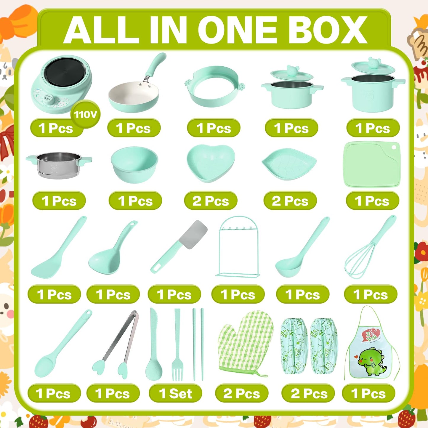 Cicicooie Kid Cooking Set Real Safe Easy Montessori Kitchen Tools, Utensils Includes Stove Burner Aprons Cooking Tool Etc For Re