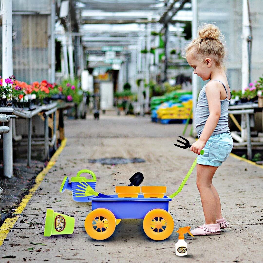 Dimple Garden Wagon & Tools Toy Set enhanced 15 Piece Gardening Tools & Wagon Toy Set - Sturdy & Durable - Top Yd Beach Sand Garden Toy - Great for Kids & Toddlers (Garden Toy Set) Green (2 Pack)