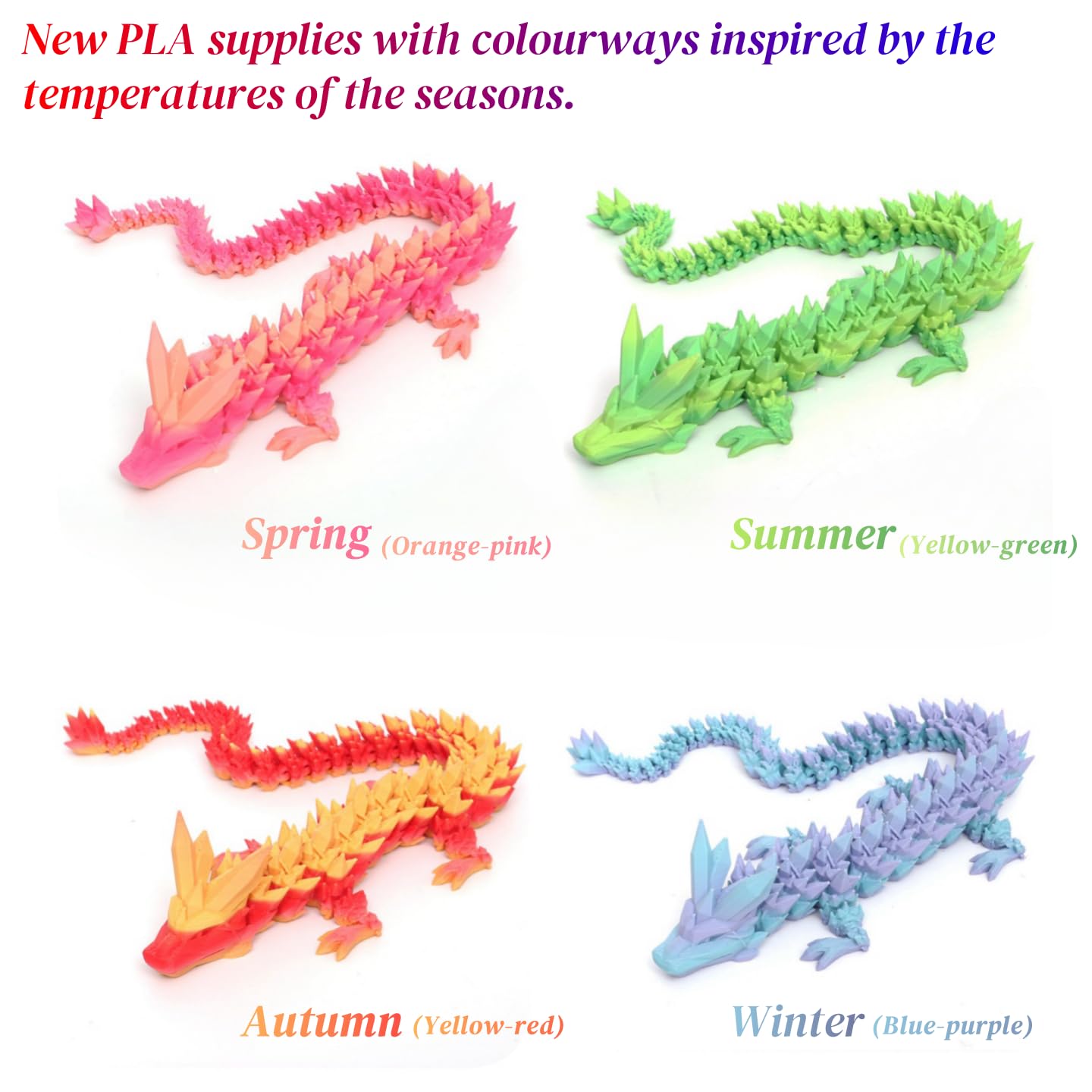 Mayical 4Pcs 12'' 3D Printed Dragons - 3D Printed Animals For Flexible Articulated Crystal Dragons, Perfect Children'S Day Gifts