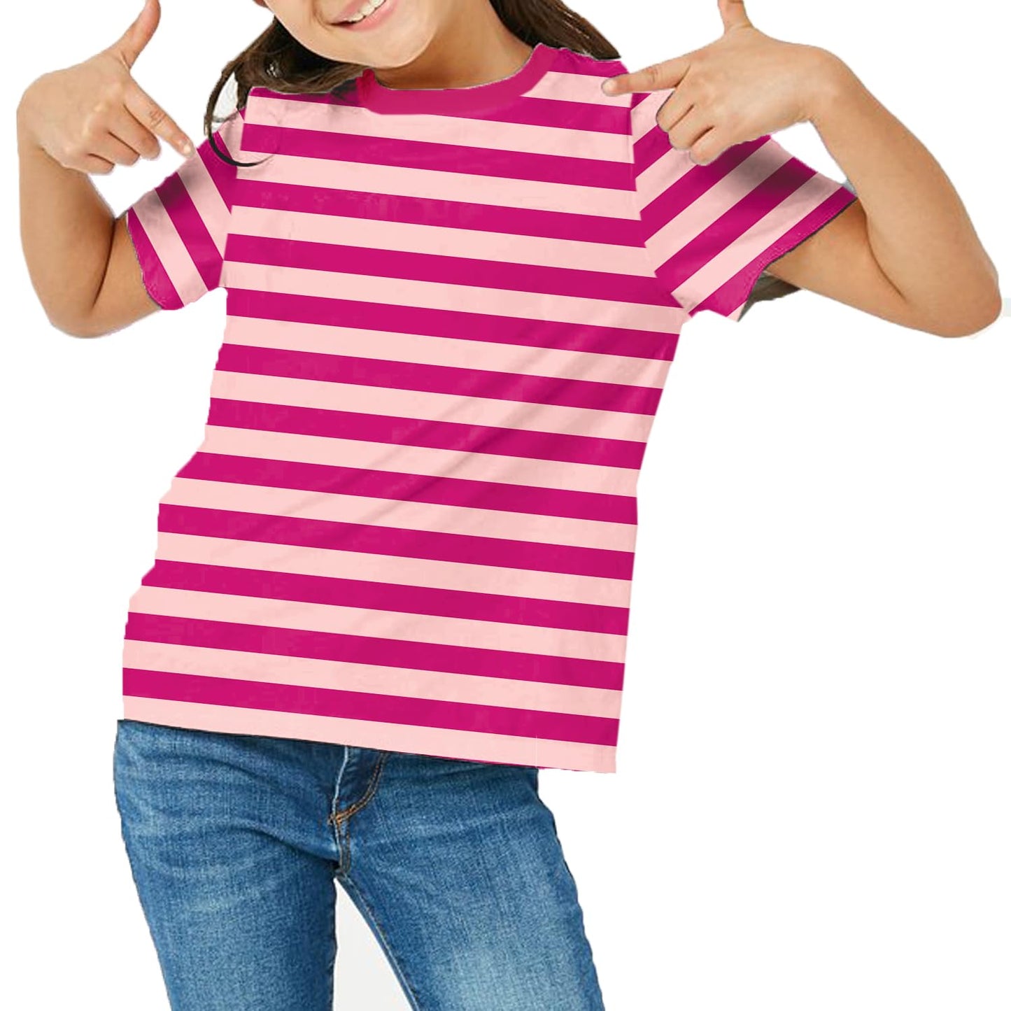 Halloween Kids Cheshire Cat Costume Pink Striped Shirt Girls Casual Summer Top 9-10 Years