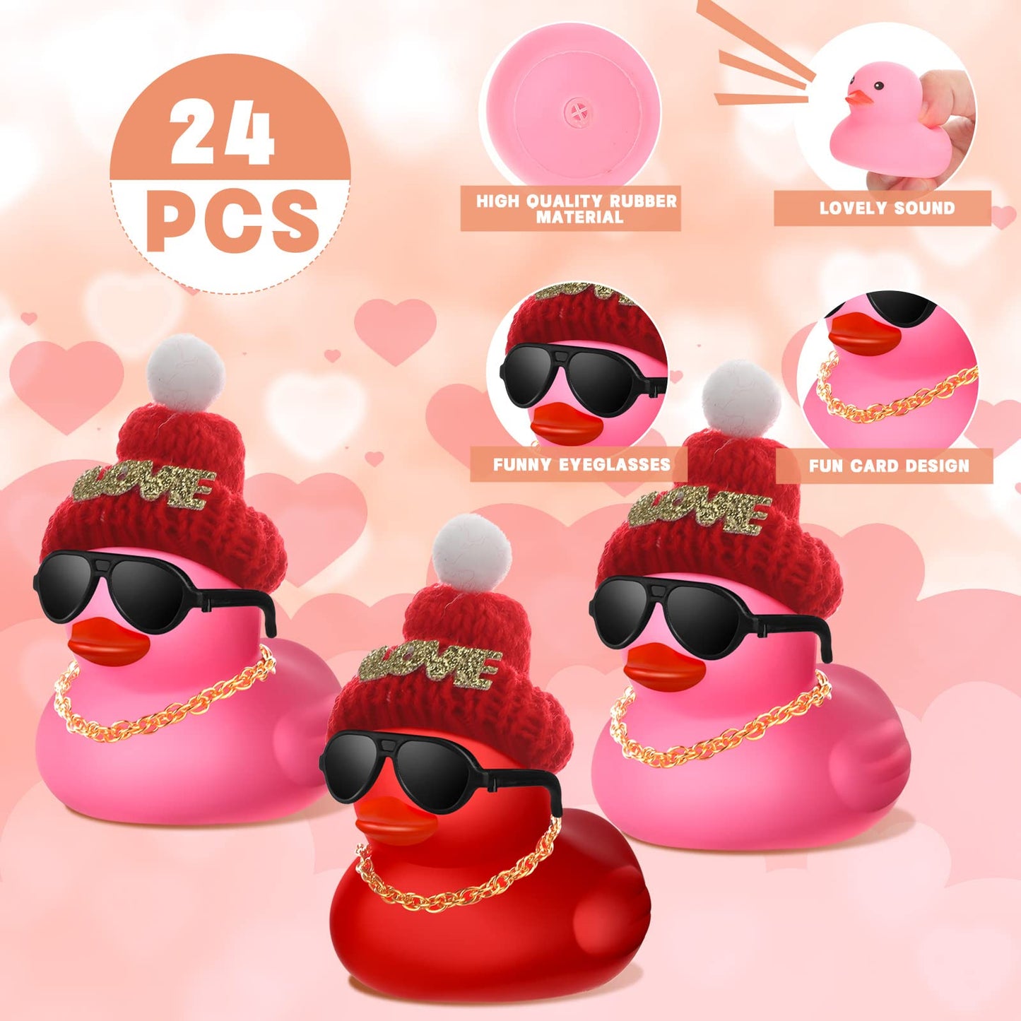 24 Pcs Valentine'S Day Mini Rubber Duck With 24 Sunglasses 24 Hat 24 Necklace, Yellow Valentine Rubber Duck In Bulk Bath Toys Fo