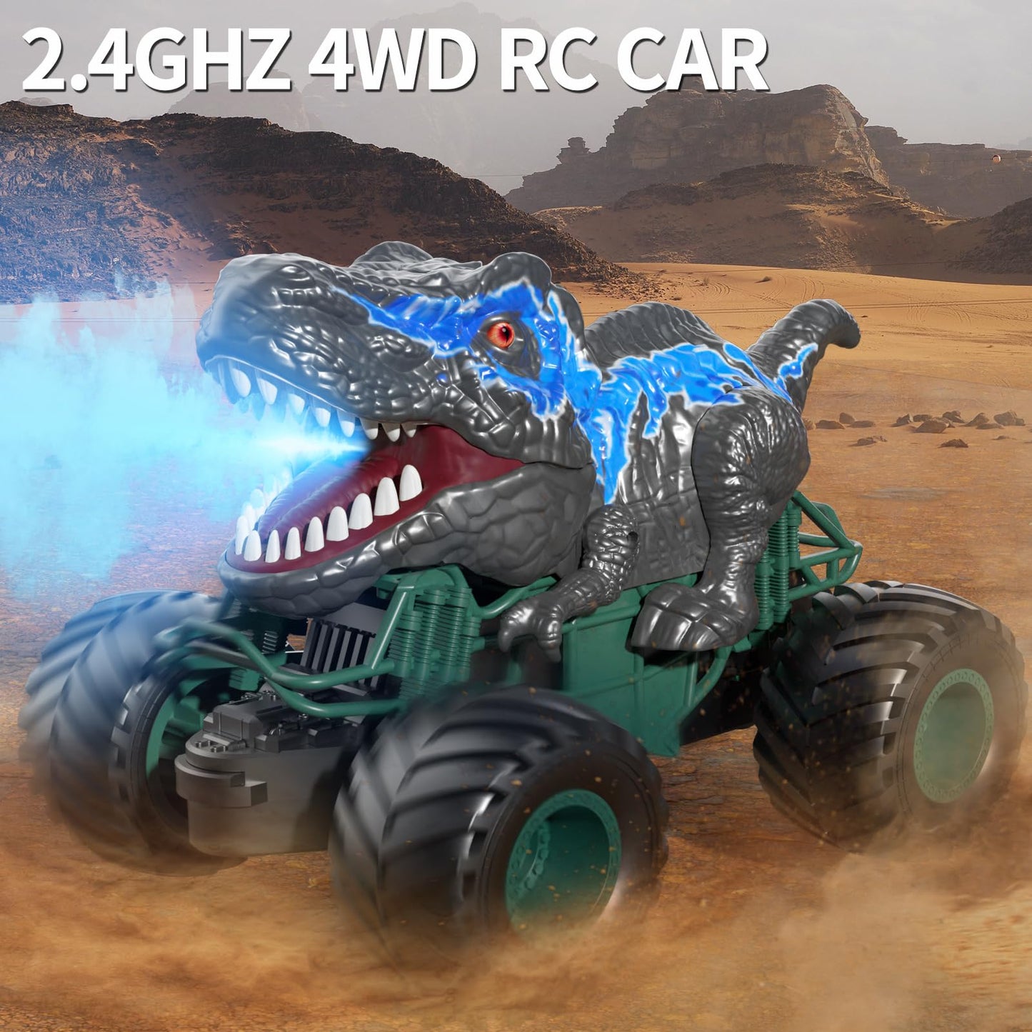 Bennol 2.4GHz Dinosaur Remote Control Car Toys for Kids Boys 4-7 5-7 8-12, RC Dinosaur Car Toys with Light, Sound, Spray, Indoor