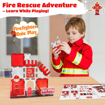 Xiapia Magnetic Tiles Firefighter Theme, Magnetic Tiles For Kids Ages 4-8, Fire Station Magnetiles For Kids 3-5, Travel Magnet B