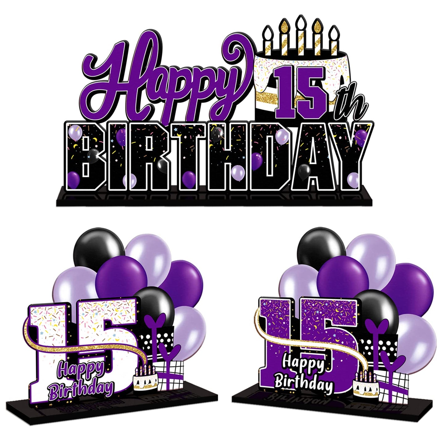 Lingteer Happy 15Th Birthday Purple Acrylic Table Topper Centerpieces Set - Cheers To Fifteen Years Old Birthday 15Th Bday Party Gift Decorations.