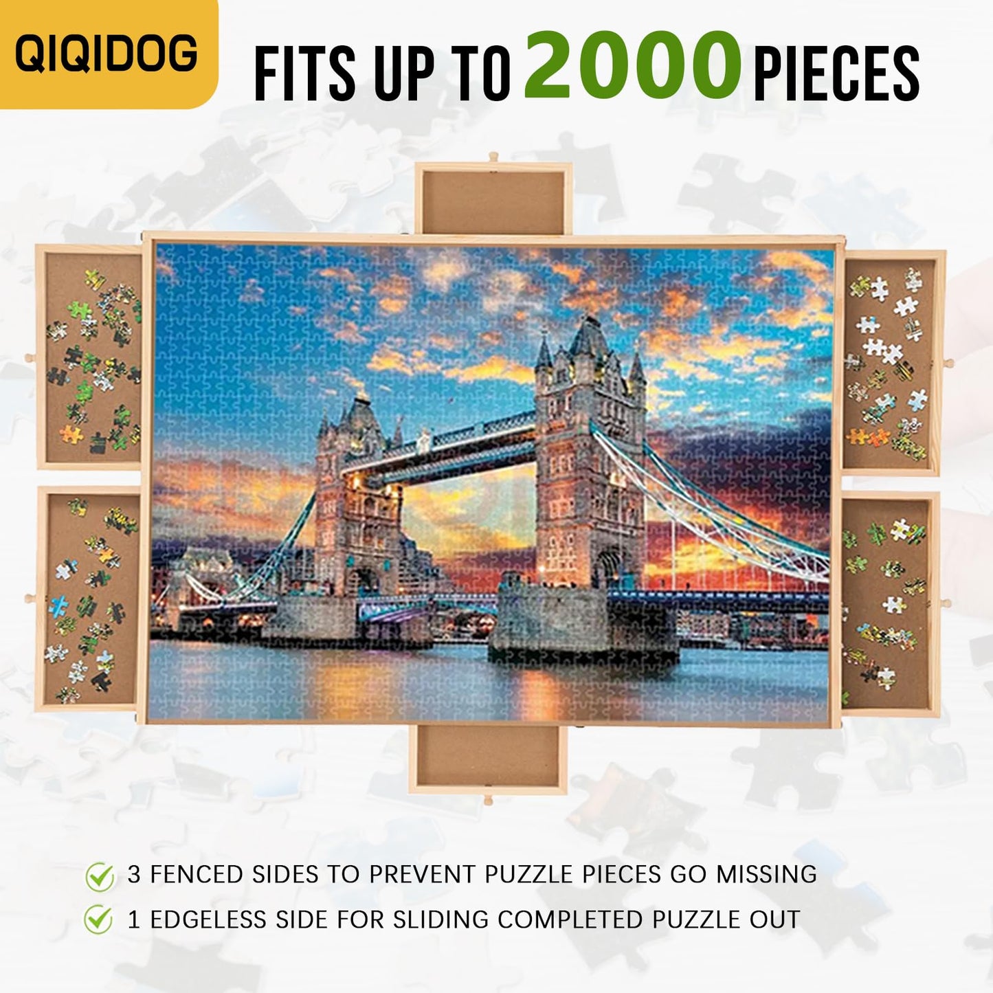 Qiqidog 2000 Pieces Puzzle Board With 6 Drawers And Cover, 29''X41'' Wooden Jigsaw Puzzle Table For Adults, Portable Puzzle Orga