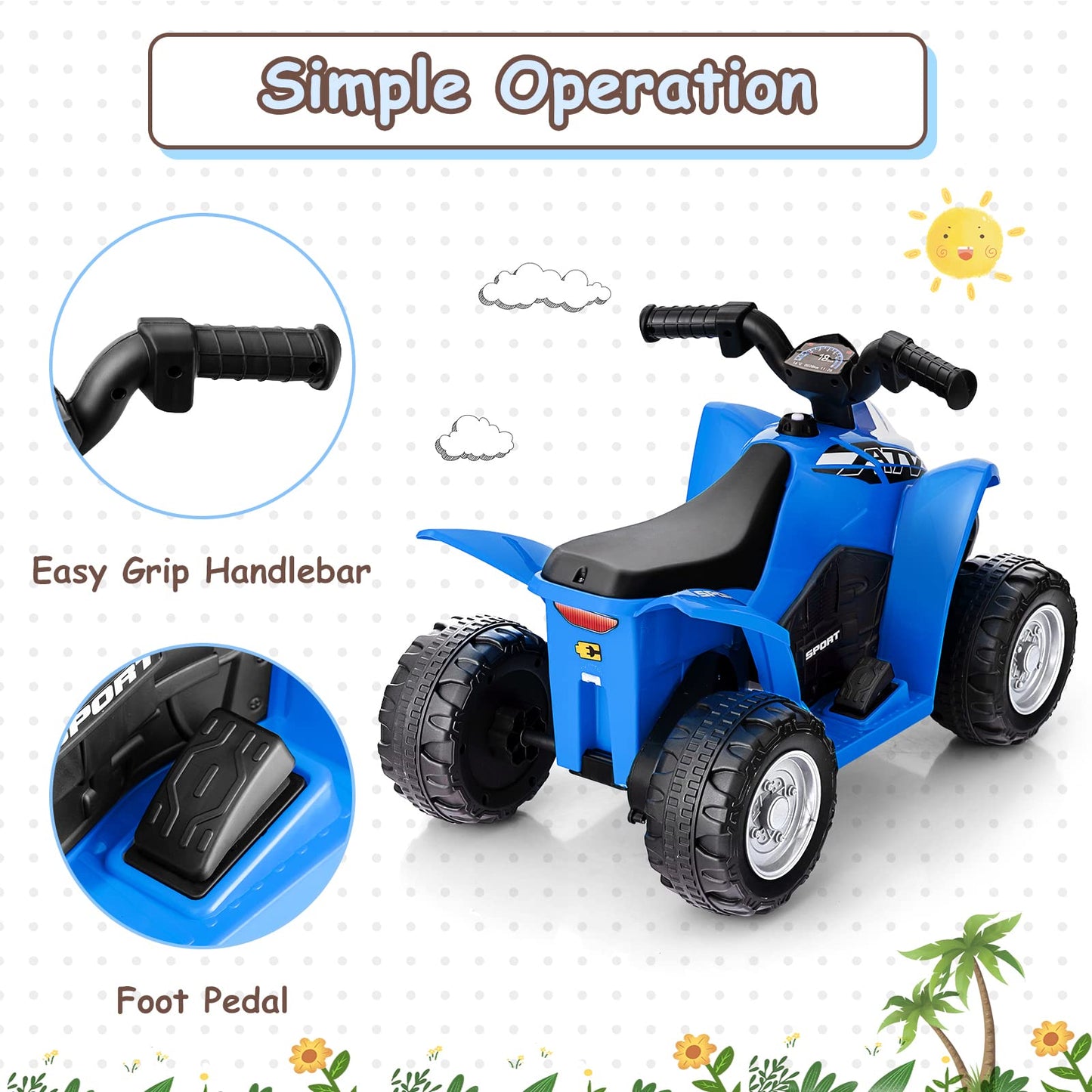 Olakids Kids Ride On Atv, 6V Electric Vehicle For Toddlers, 4 Wheeler Battery Powered Motorized Quad Toy Car For Boys Girls With Led Lights, Horn (Blue)