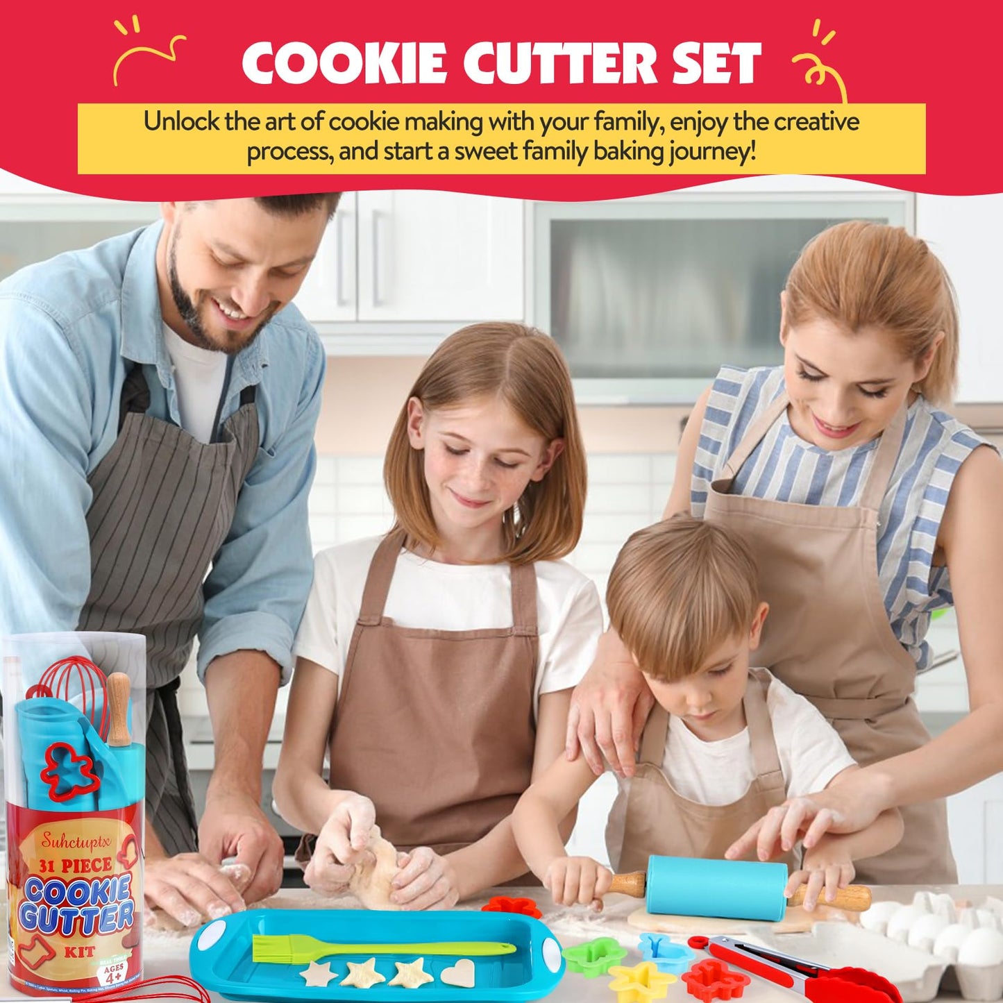 Kids Cooking & Baking Sets Real, Toddler Kitchen Toys, 24 Assorted Cookie Cutters - with Rolling Pin, Silicone Baking Pan, and N