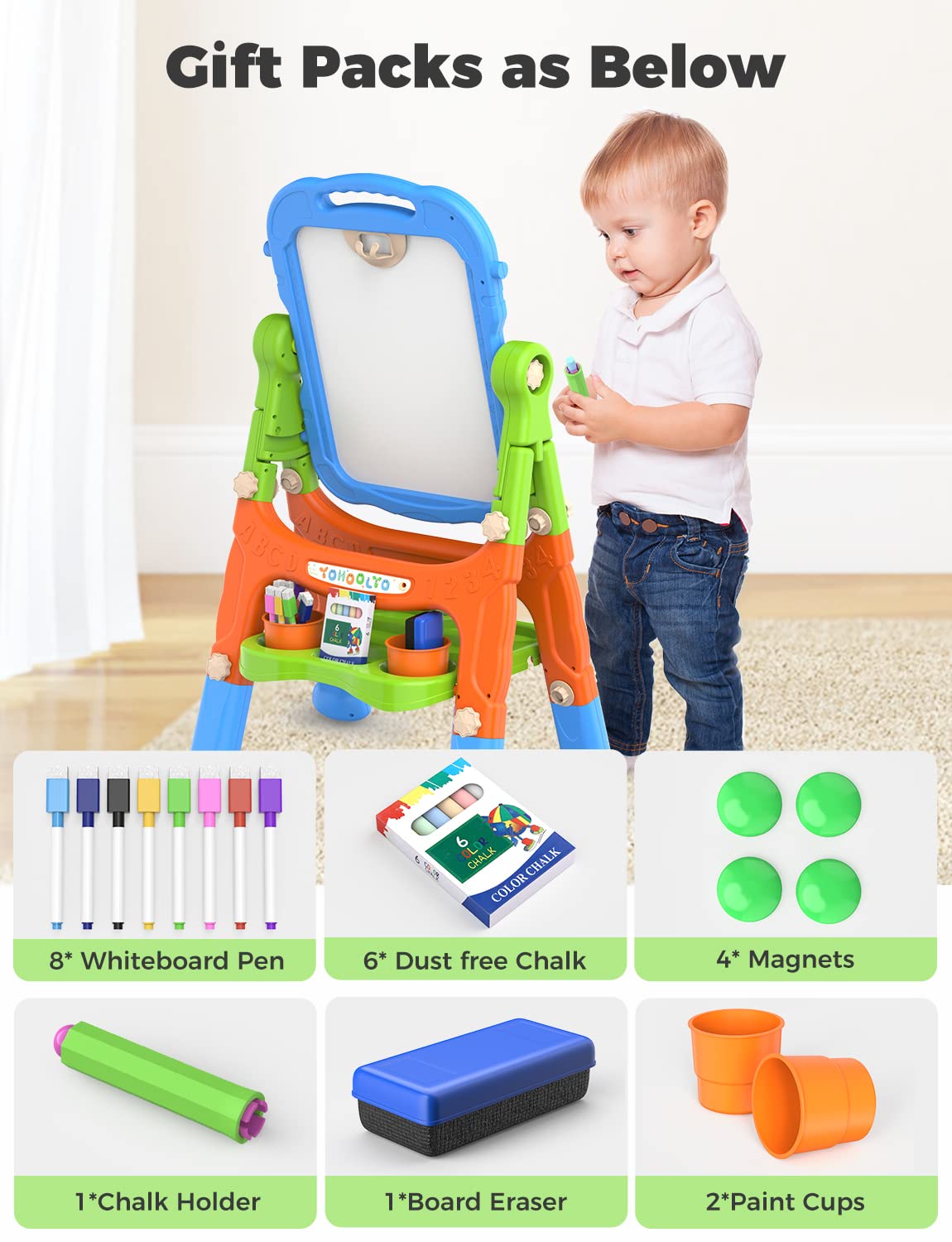 Yohoolyo Kids Easel Standing Art Easel For Kids, Double Sided Magnetic Chalkboard Whiteboard Dry Eraser Board Great Gift For Girls And Boys